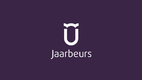 Logo met tekst 'Jaarbeurs' op een paarse achtergrond.
