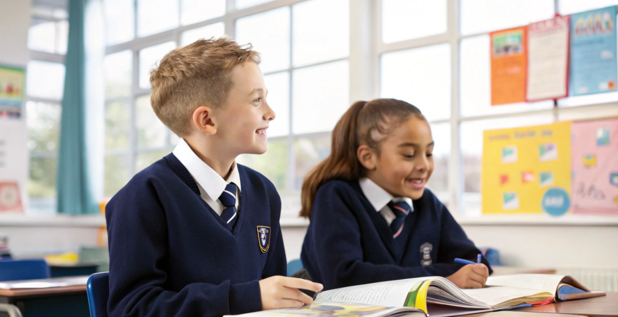 Happy primary pupils in a maths lesson