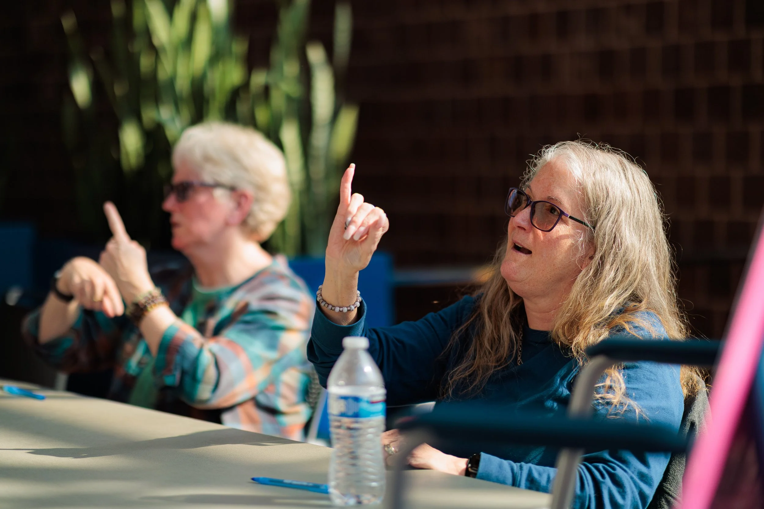 Two women sitting at a table in a discussion, with one woman raising her finger while speaking and the other listening attentively with her mouth slightly open. They are indoors, with a wooden wall and green plants in the background.