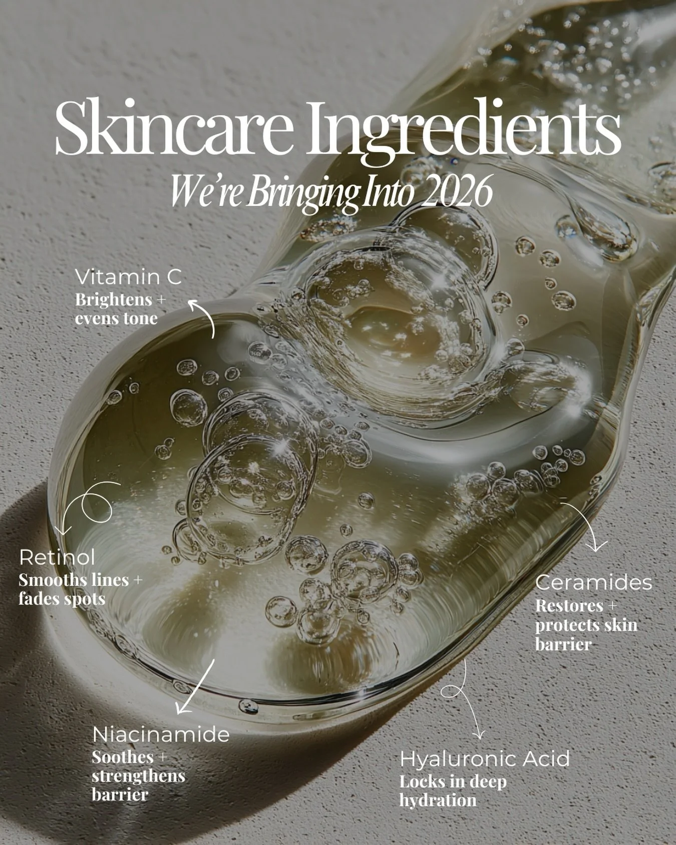 Save this for your skincare routine. ✨

&bull; Vitamin C for brightness
&bull; Retinol for renewal
&bull; Niacinamide for balance
&bull; Hyaluronic Acid for deep hydration
&bull; Ceramides for a strong, healthy skin barrier

Simple. Effective. Result