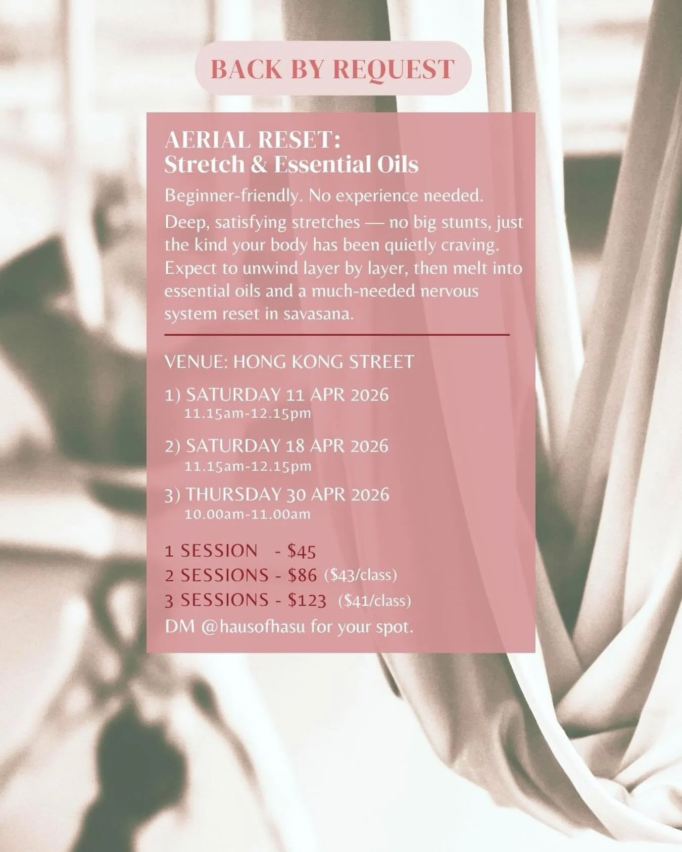 Thank you for the positive feedback on the March Aerial Reset sessions.

I&rsquo;m bringing this into April &mdash; continuing to support a gentle unwinding from the pace of daily life and external intensity. 🤍

Holding space for small groups, and c