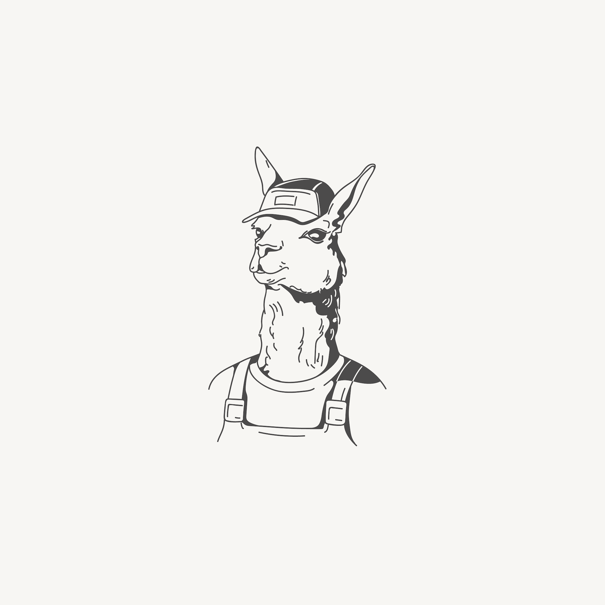 Illustration of a llama wearing overalls and a cap.