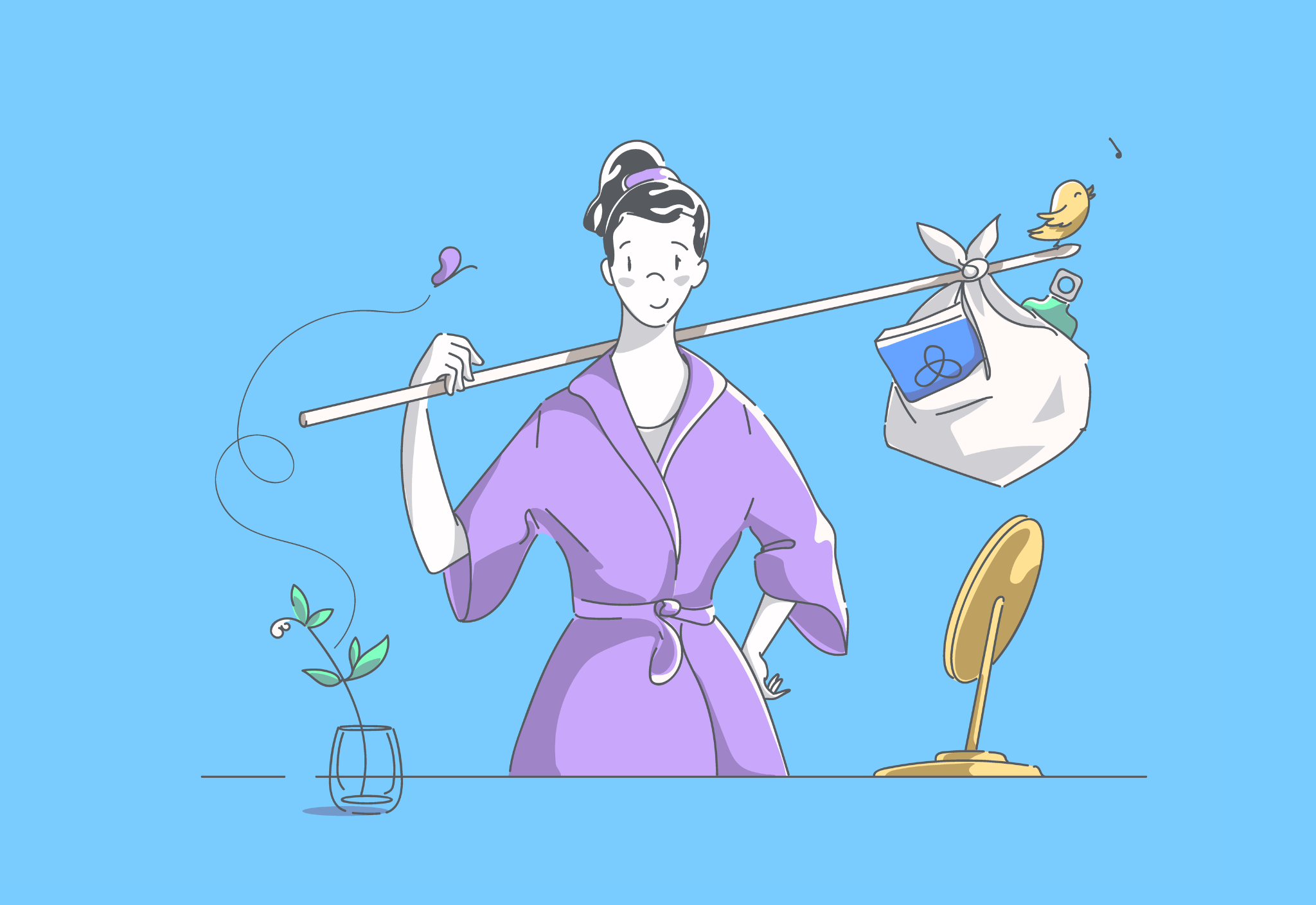 Illustration of a woman in a purple robe holding a stick with a bundle, a bird perched on it, and a small mirror and plant on a table.