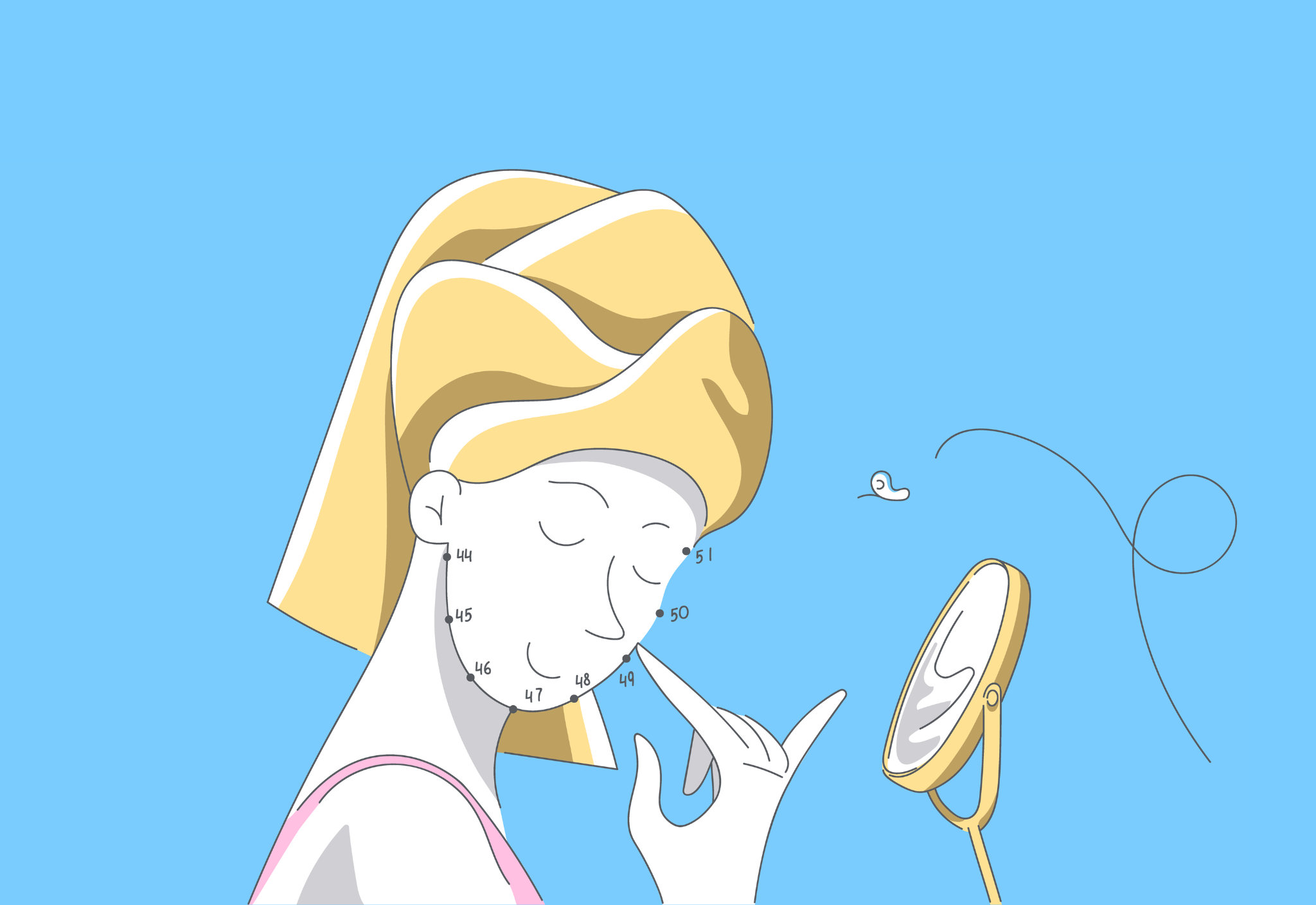 Illustration of a cartoon person applying facial cream in front of a mirror, wearing a towel on their head, with a dotted line and numbers on the face.