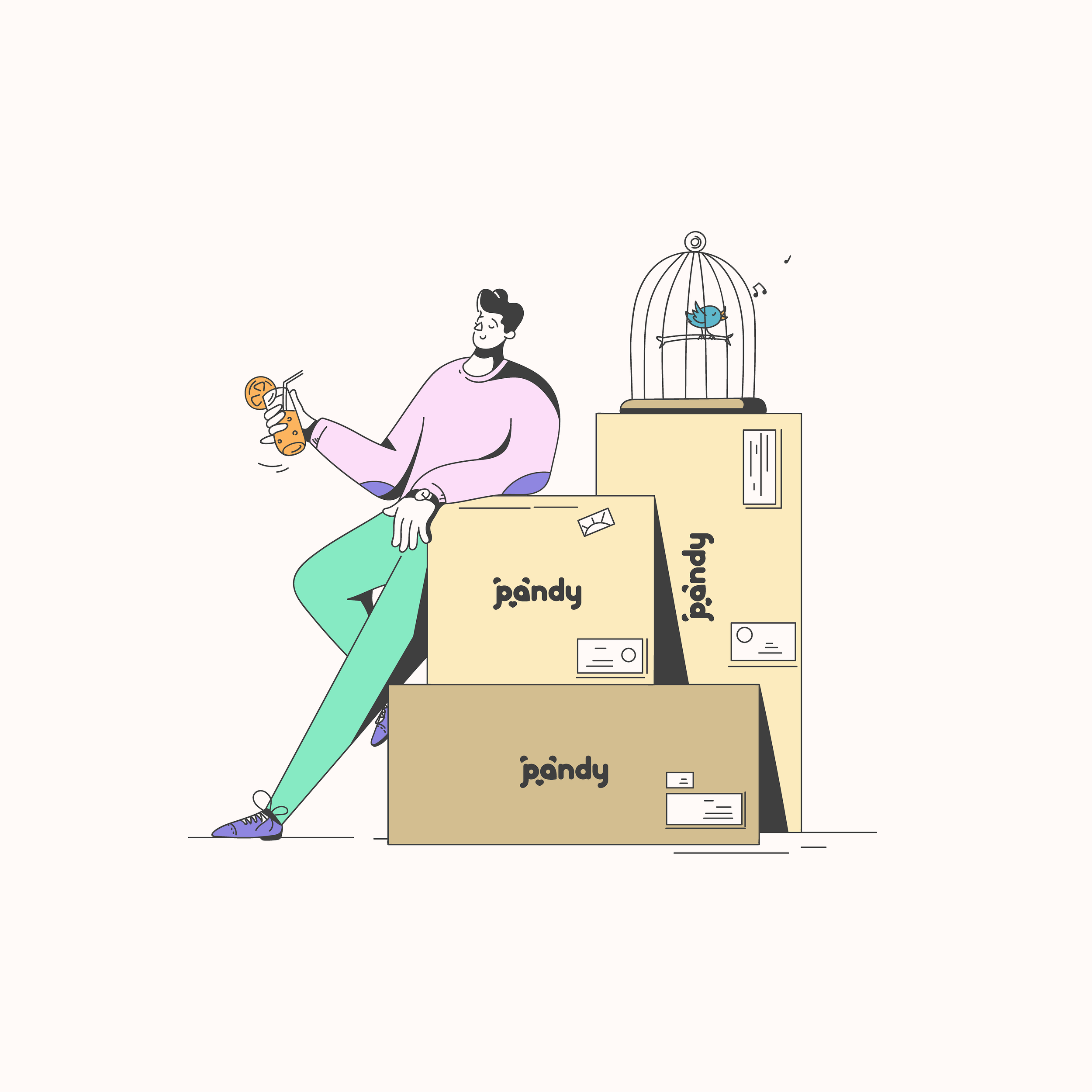 Illustration of a person sitting on pandy-labeled boxes, holding a drink with an orange slice, and a bird in a cage nearby.