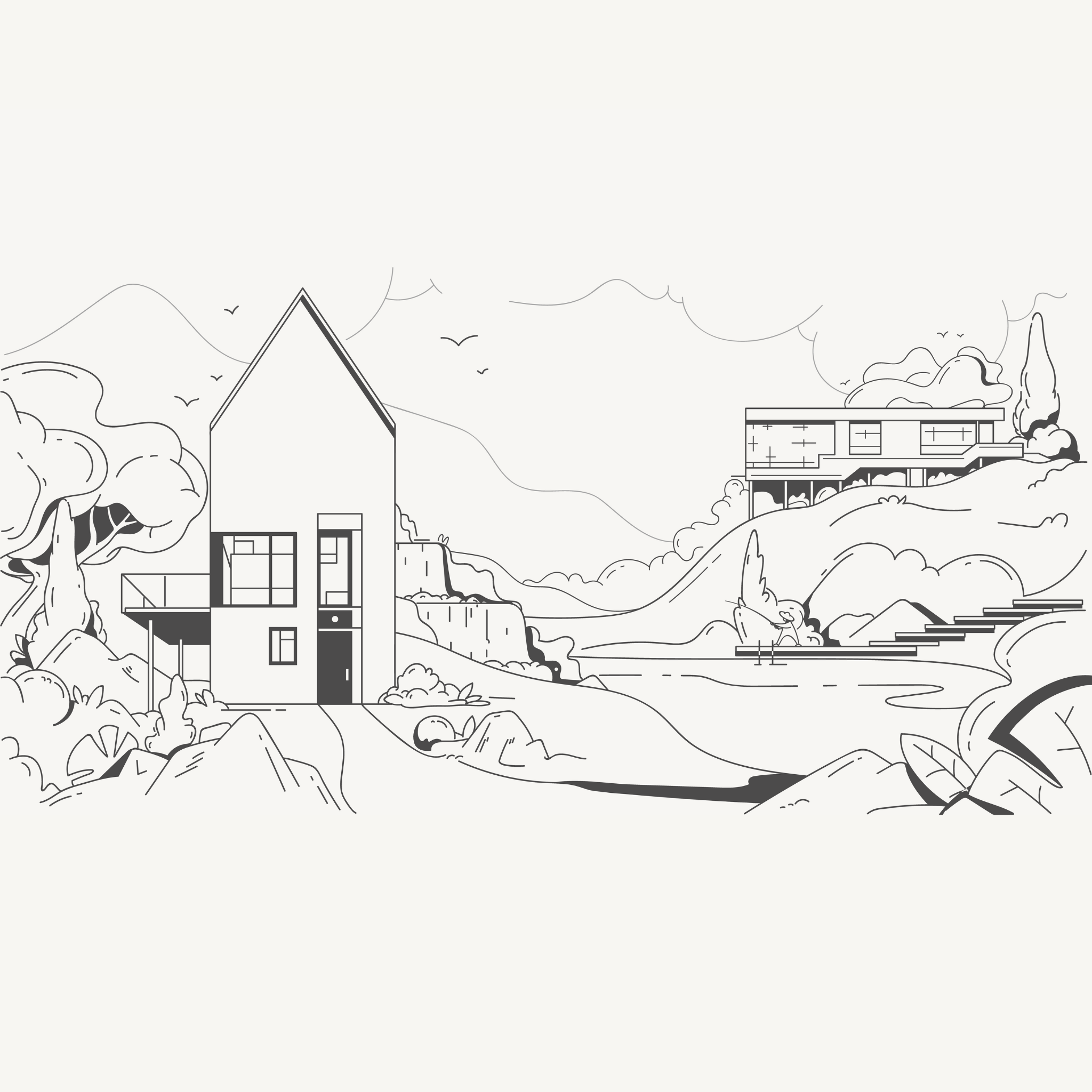 Line drawing of a modern house in a rural landscape with hills, trees, and a distant building. Birds are flying in a partly cloudy sky.