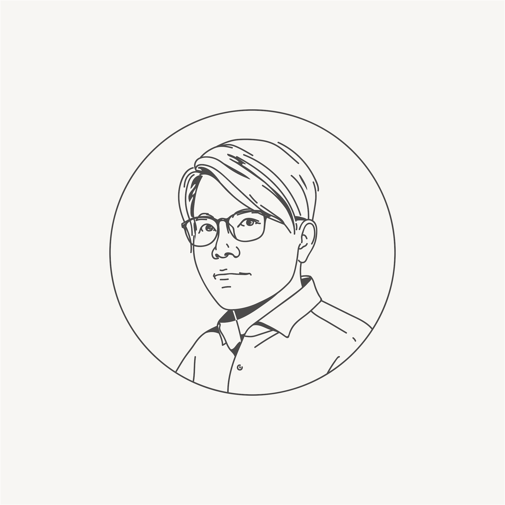 Black and white line art of a person with glasses in a circle.