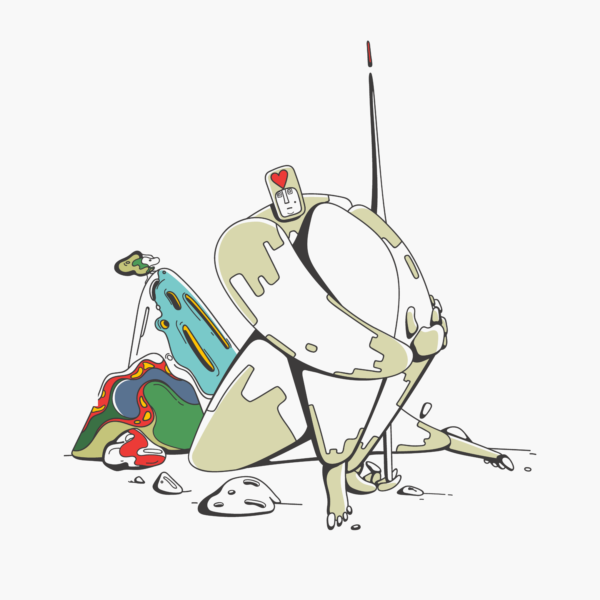 Abstract illustration of a humanoid figure with geometric shapes, a heart symbol on the head, and holding a spear, standing on a landscape with colorful, fluid-like forms.