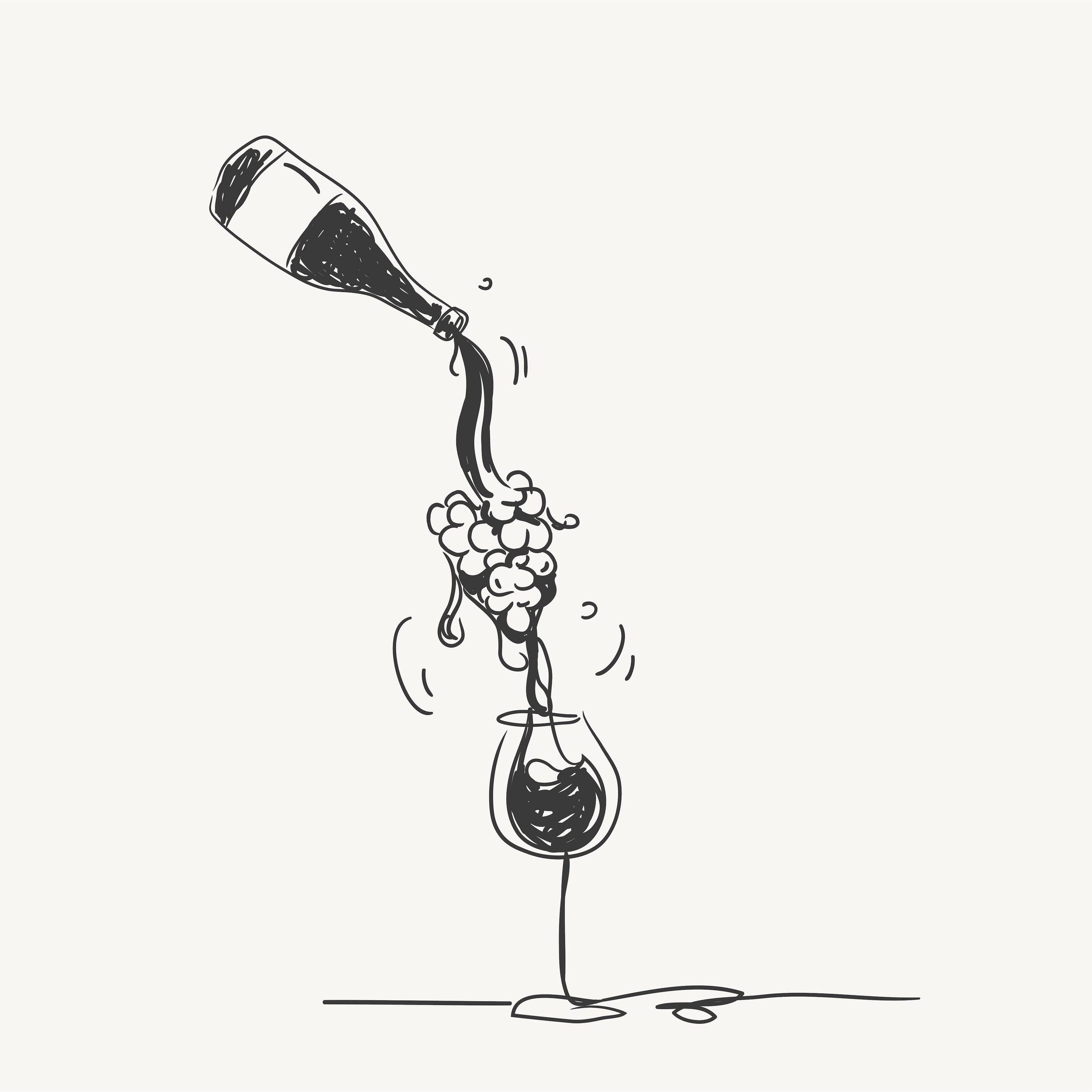 Illustration of a wine bottle pouring wine into a glass with a swirl of grapes around the stream of wine, set on a white background.