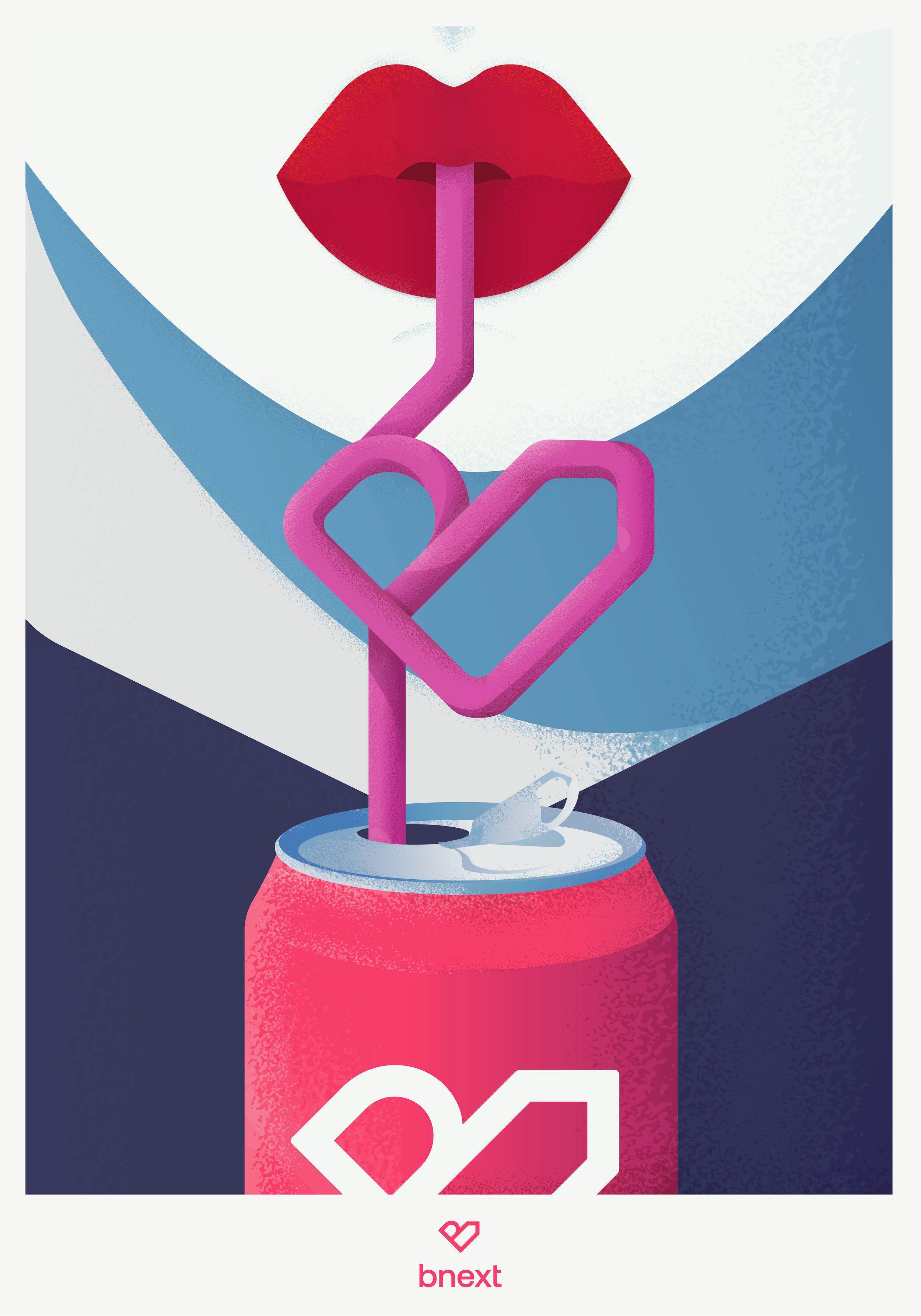 Illustration of red lips drinking from a pink heart-shaped straw in a soda can labeled with the "bnext" logo.