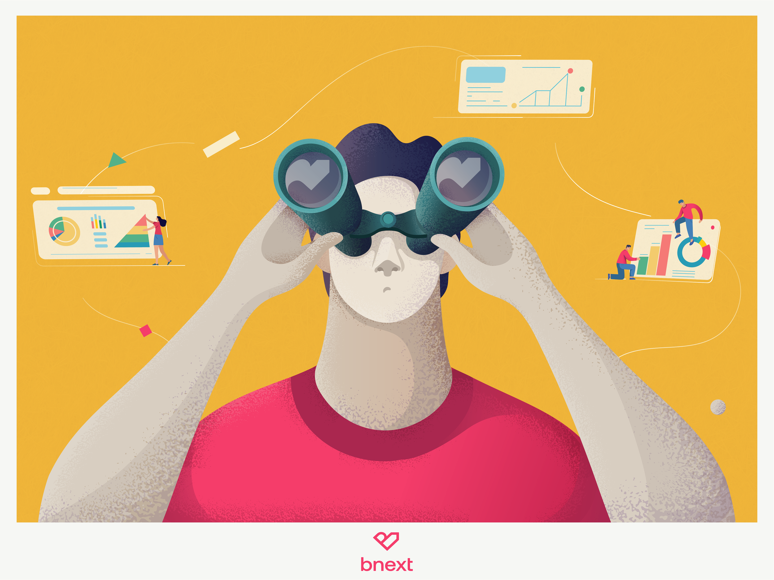 Illustration of a person using binoculars with heart icons, surrounded by data charts and graphs on a yellow background.