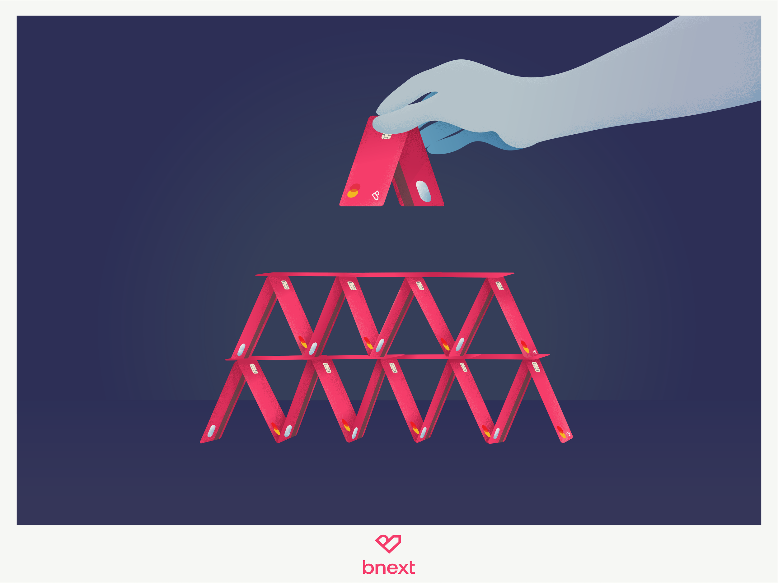 Illustration of a hand building a house of cards using red cards with icons, on a dark background.
