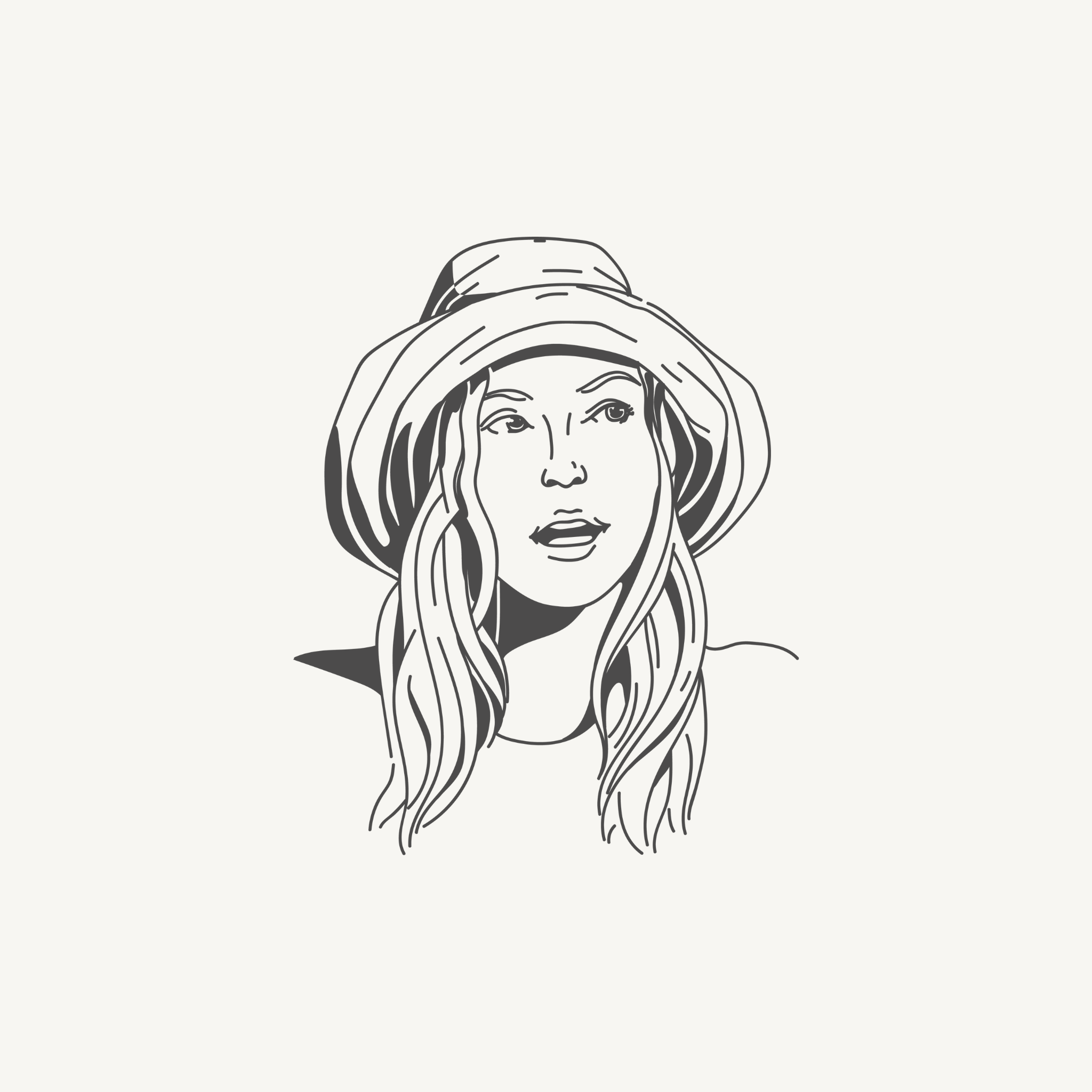 Illustration of a woman with long hair wearing a hat and looking to the side.