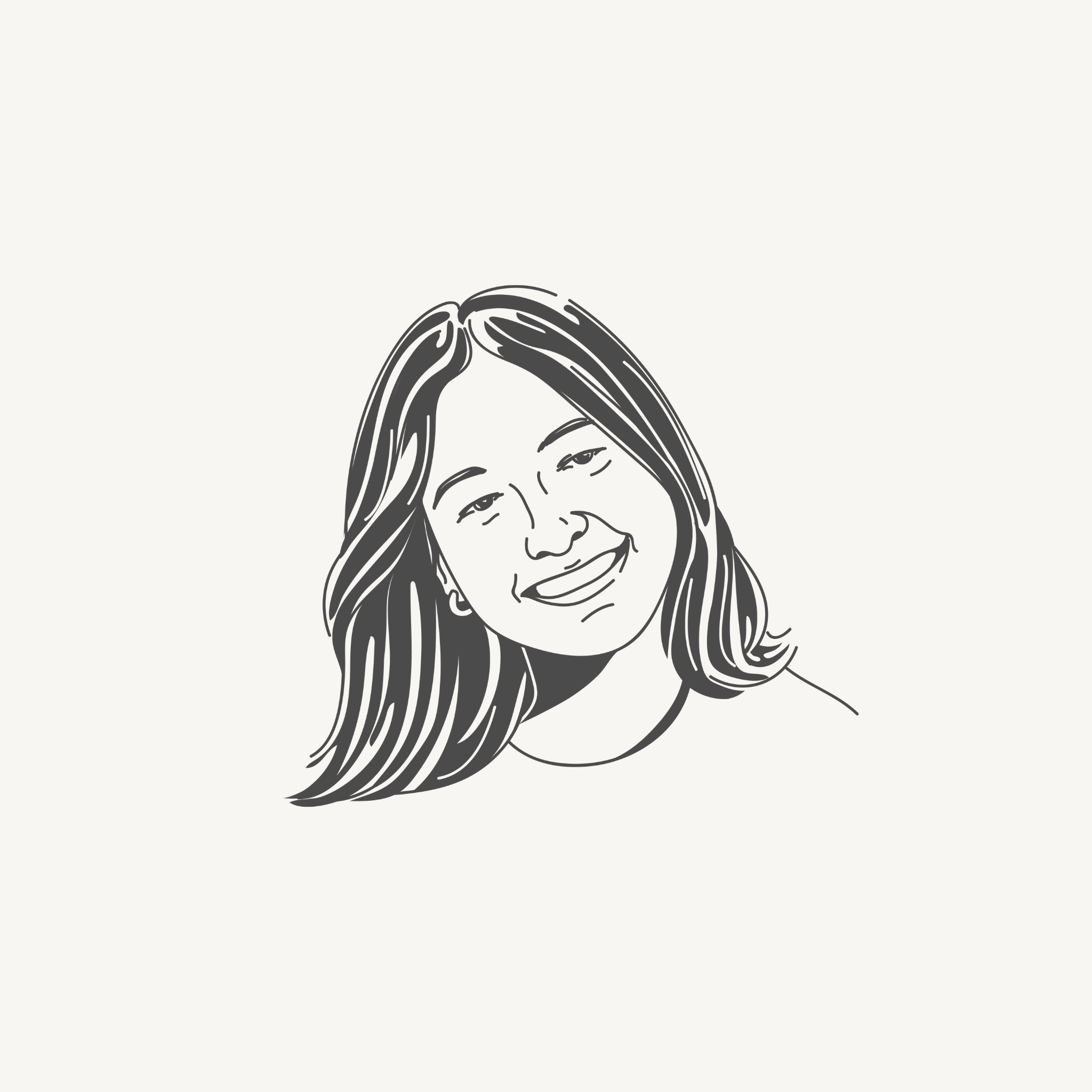 Black and white illustration of a smiling person with long hair.