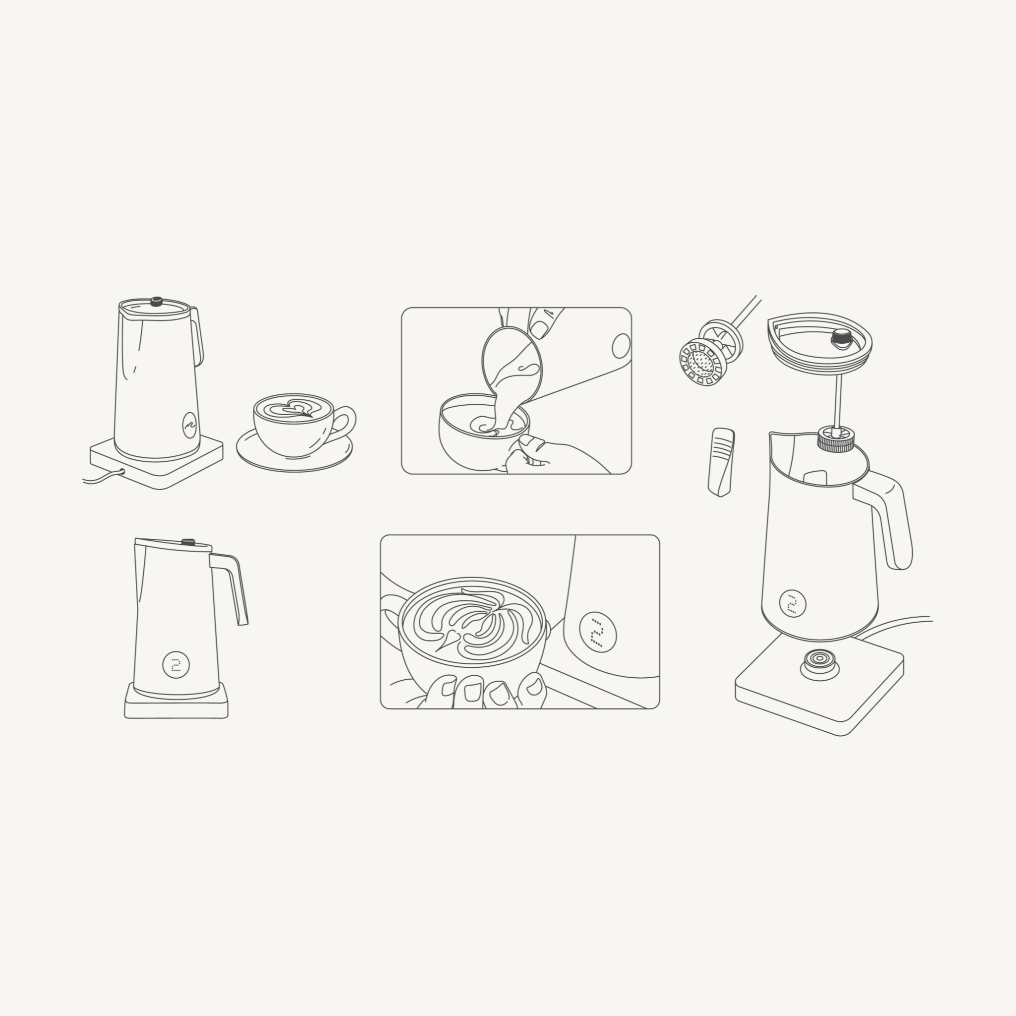 Illustration of coffee-making process with frother and cup