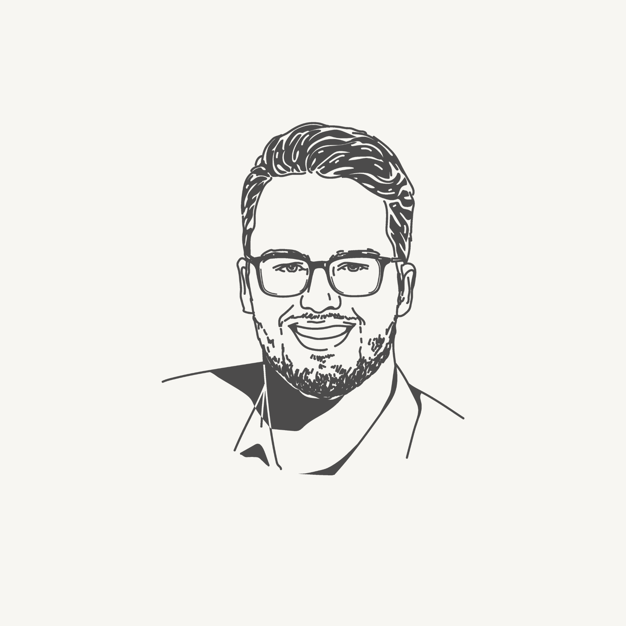 Black and white illustration of a man with glasses and facial hair