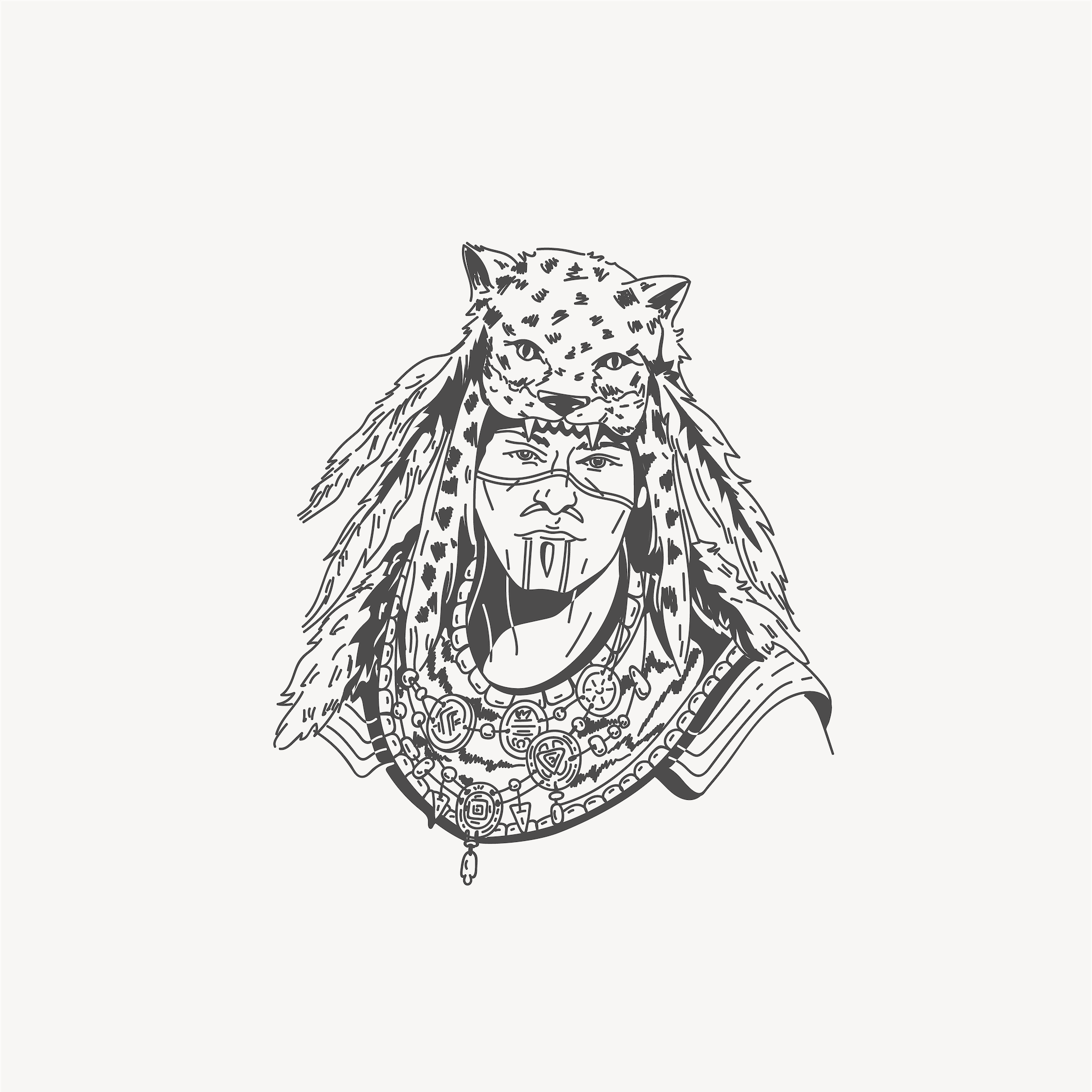 Illustration of a person wearing a jaguar headdress and ornate jewelry, with tribal face paint.