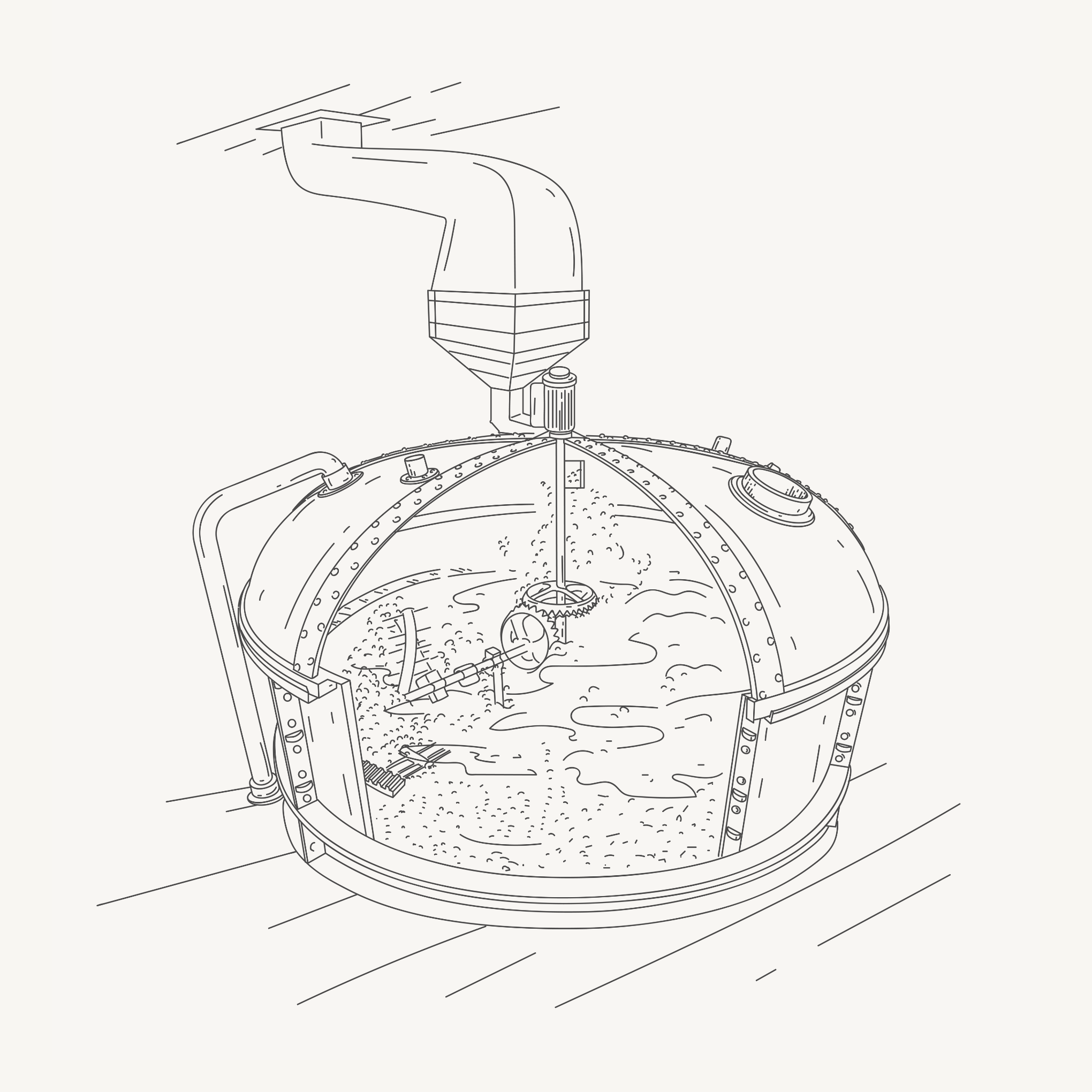 Illustration of a large industrial fermentation tank with a mechanical mixing tool inside and an attached ventilation pipe.