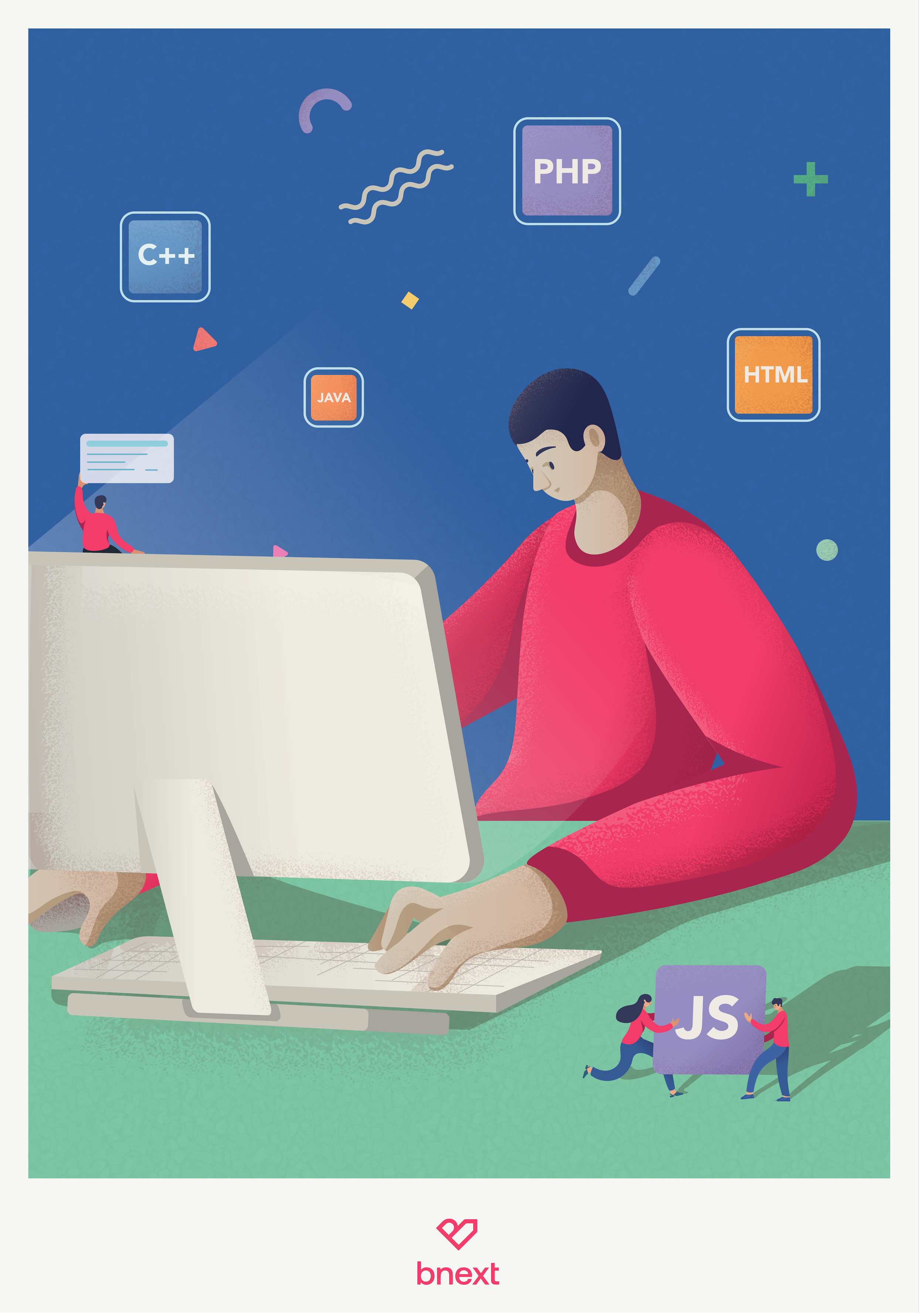 Illustration of a person at a computer surrounded by programming language icons like C++, PHP, Java, HTML, and JS with small figures interacting with the elements, background in blue with colorful shapes, bnext logo at bottom.