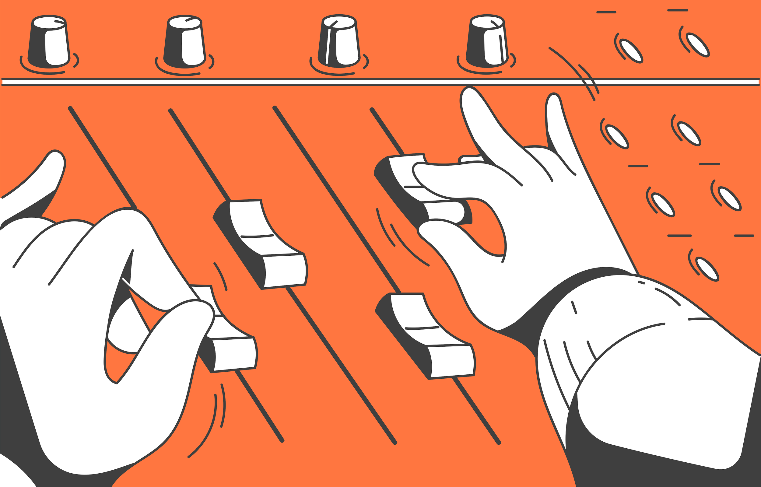 Illustration of hands adjusting audio mixer knobs and sliders on an orange background.