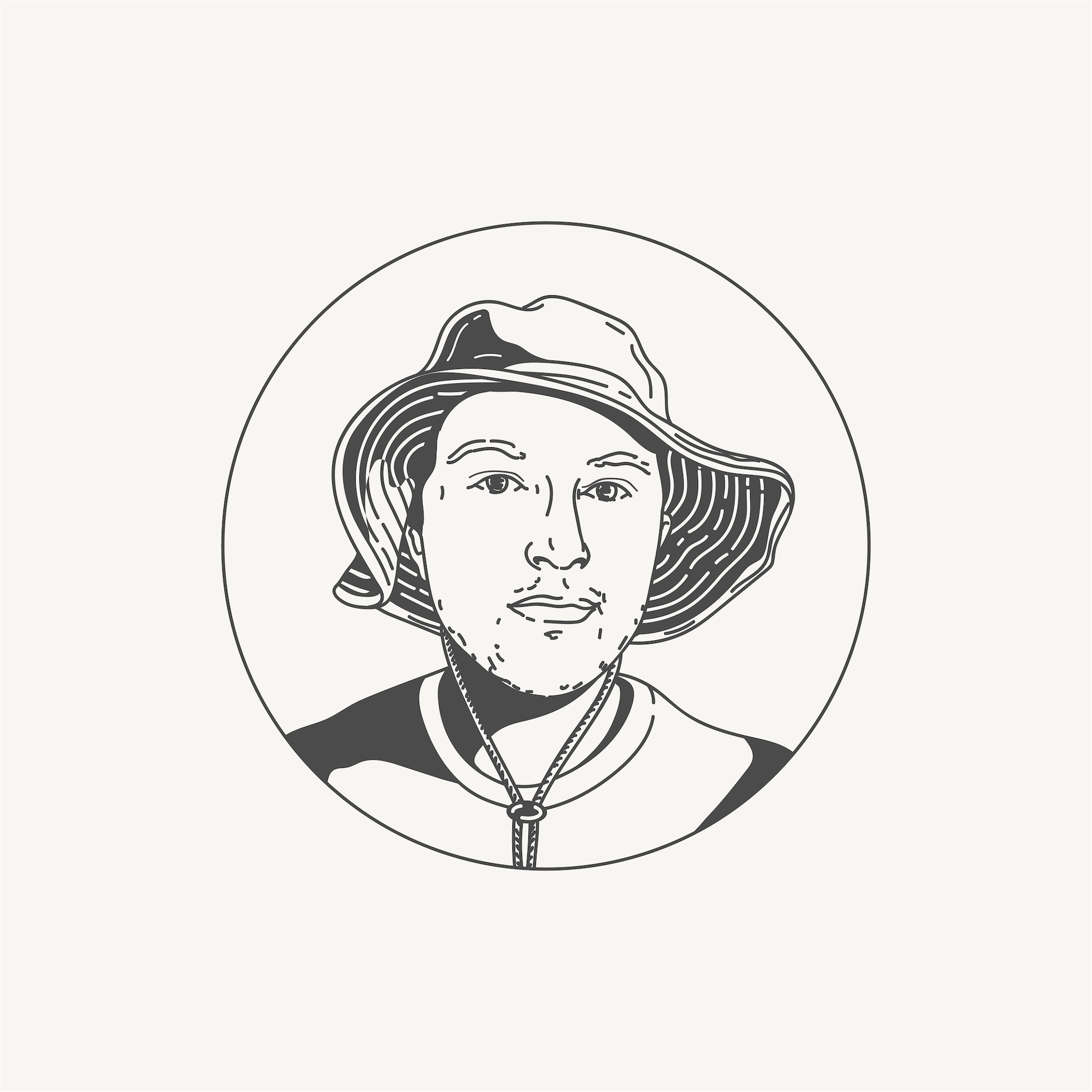 Monochrome illustration of a man wearing a wide-brimmed hat inside a circle outline.
