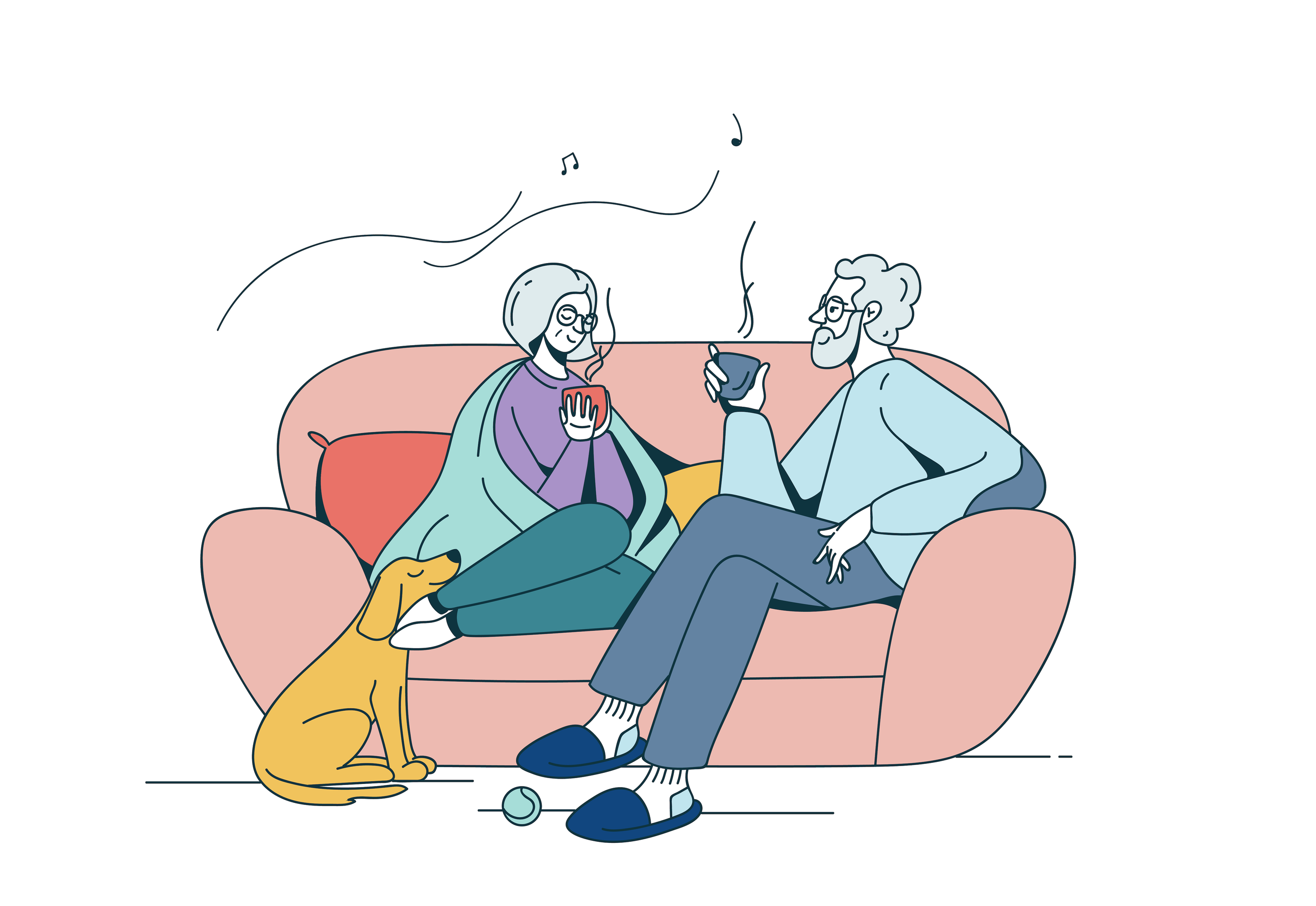 Illustration of a couple on a couch with steaming cups, a dog sitting beside them, and music notes in the air.