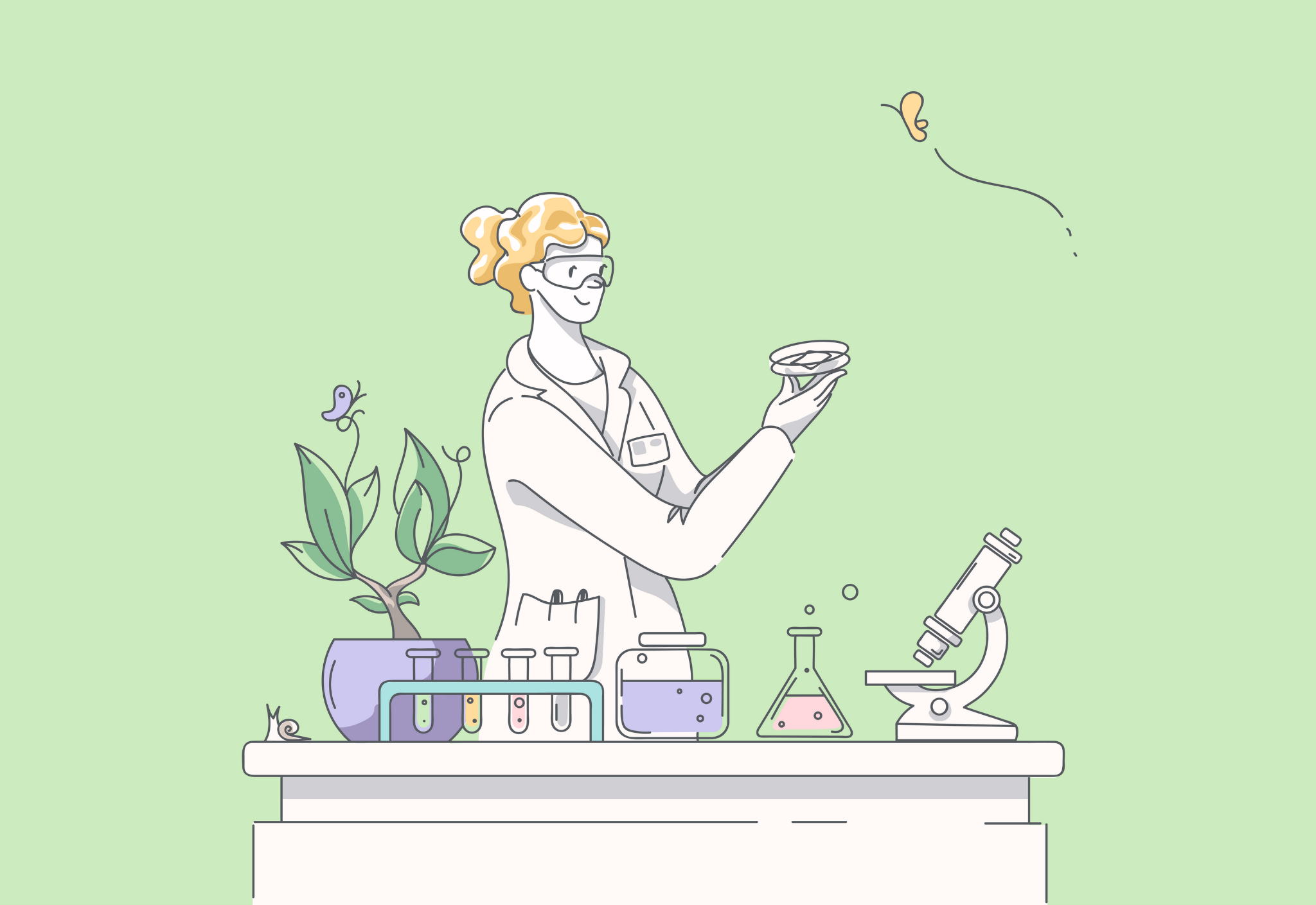 Illustration of a scientist in a lab coat examining a petri dish, surrounded by plants, test tubes, and a microscope on a lab bench. A butterfly is flying above the scene, set against a green background.