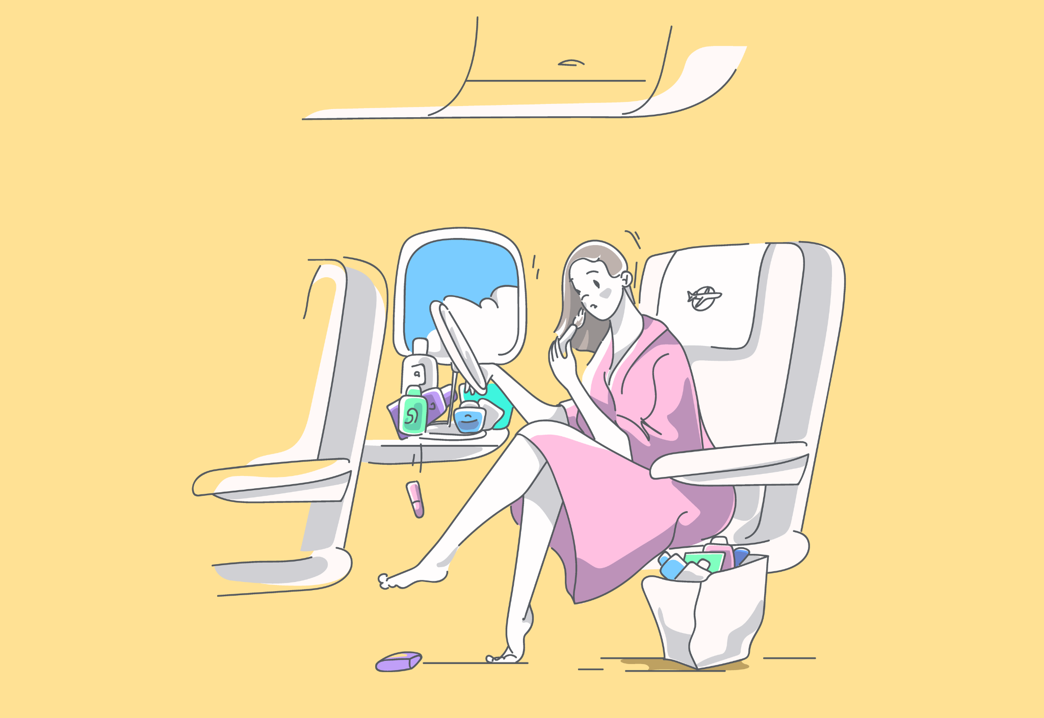 Illustration of a woman on an airplane applying makeup and surrounded by various travel items, including toiletries and snacks on a tray table, with a relaxed pose.