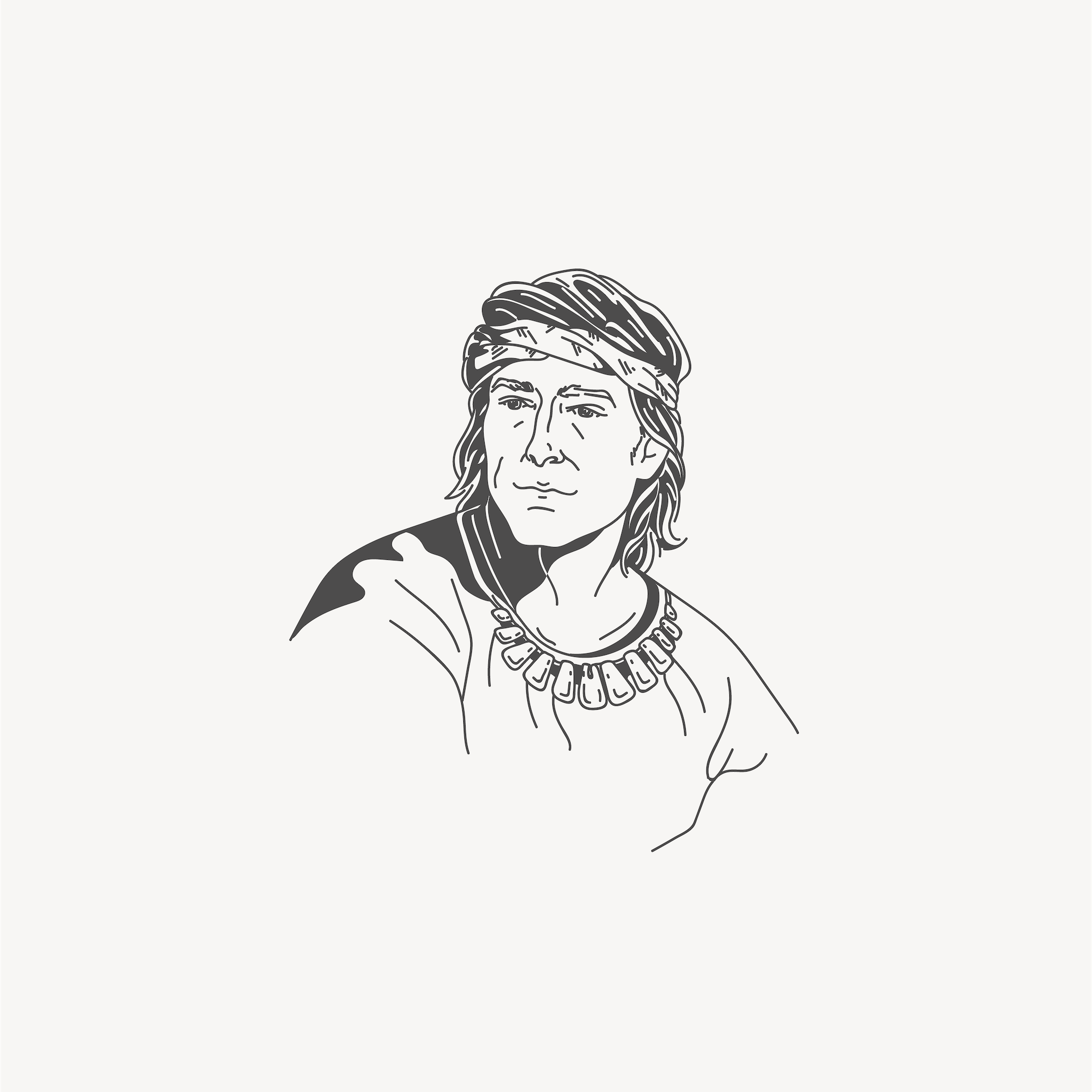 Line illustration of a Native American man wearing a headband and a decorative necklace, looking to the side.