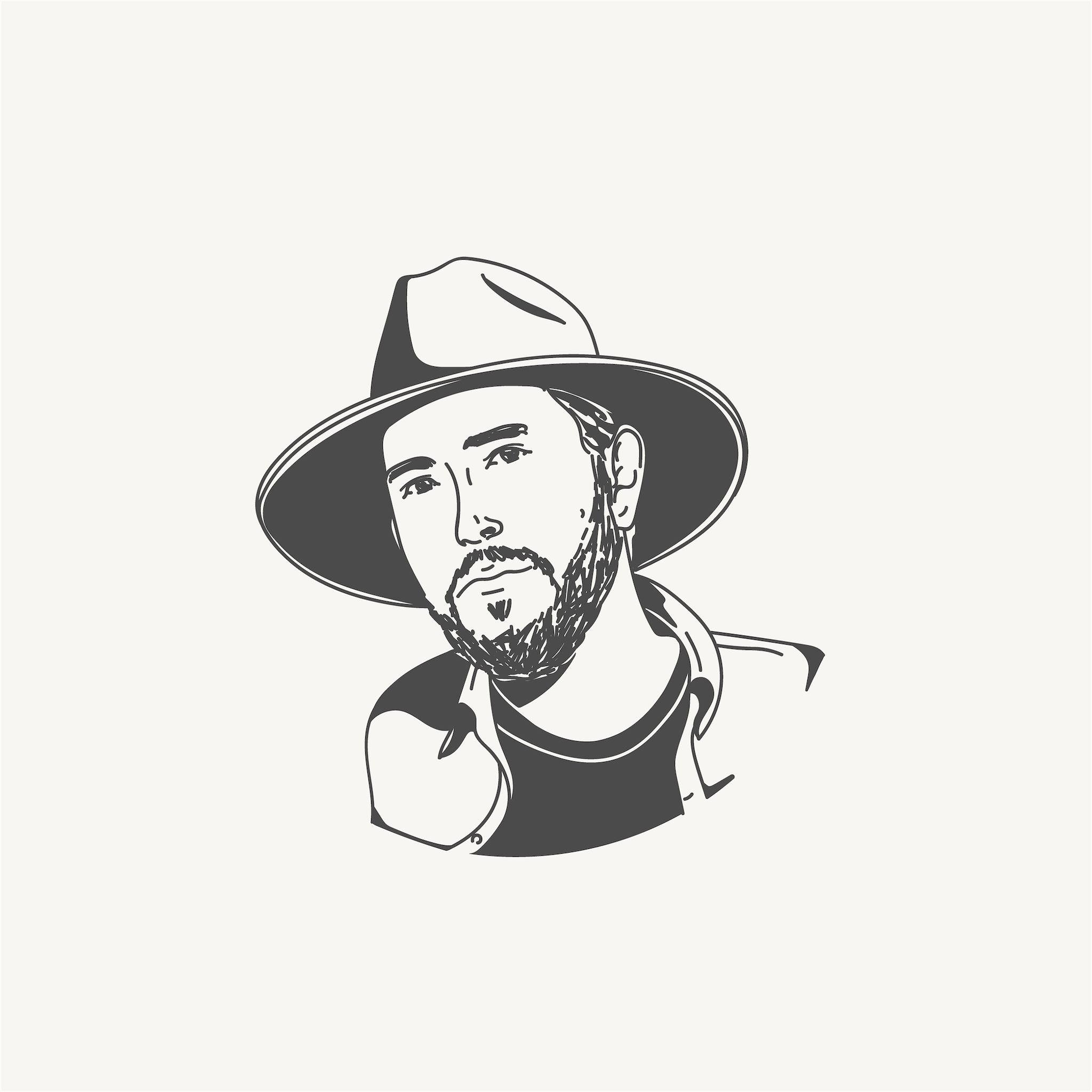 Illustration of a man wearing a wide-brimmed hat and a beard.