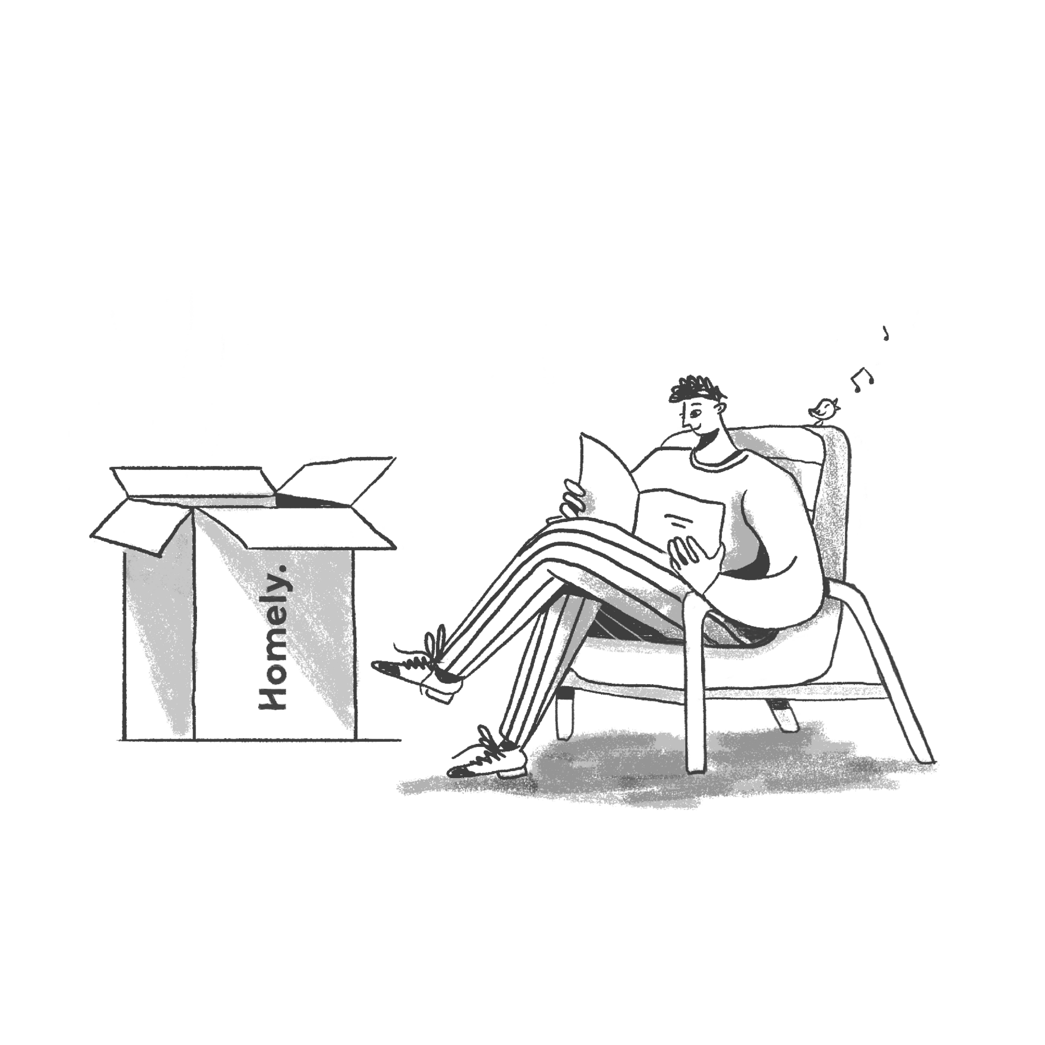 Illustration of a person sitting in a chair, reading a paper, next to an open box labeled "Homely." A small bird is perched nearby, singing.