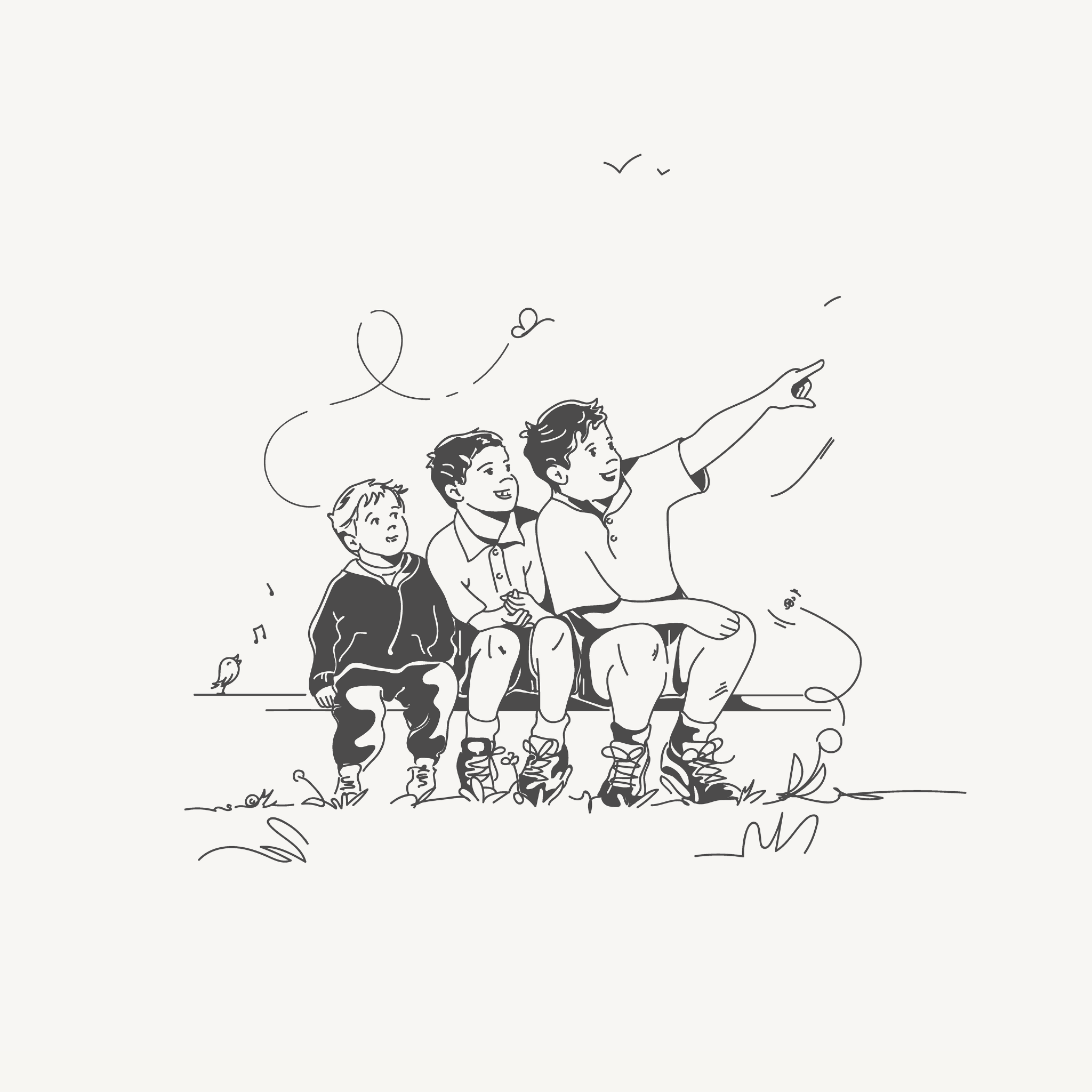 Illustration of three children sitting on a bench, with one child pointing upwards and a bird nearby.