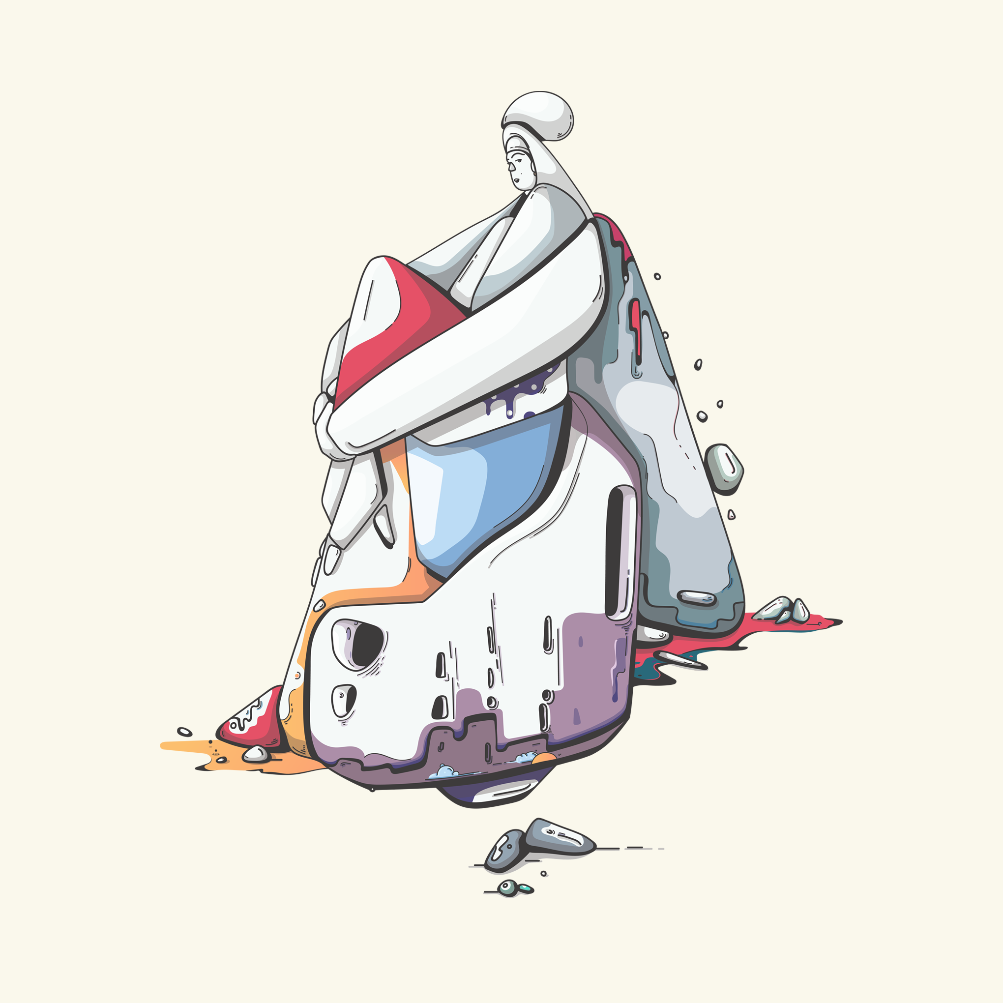Abstract illustration of a person sitting on a large, colorful, melting mask or helmet with dripping paint, surrounded by scattered rocks.