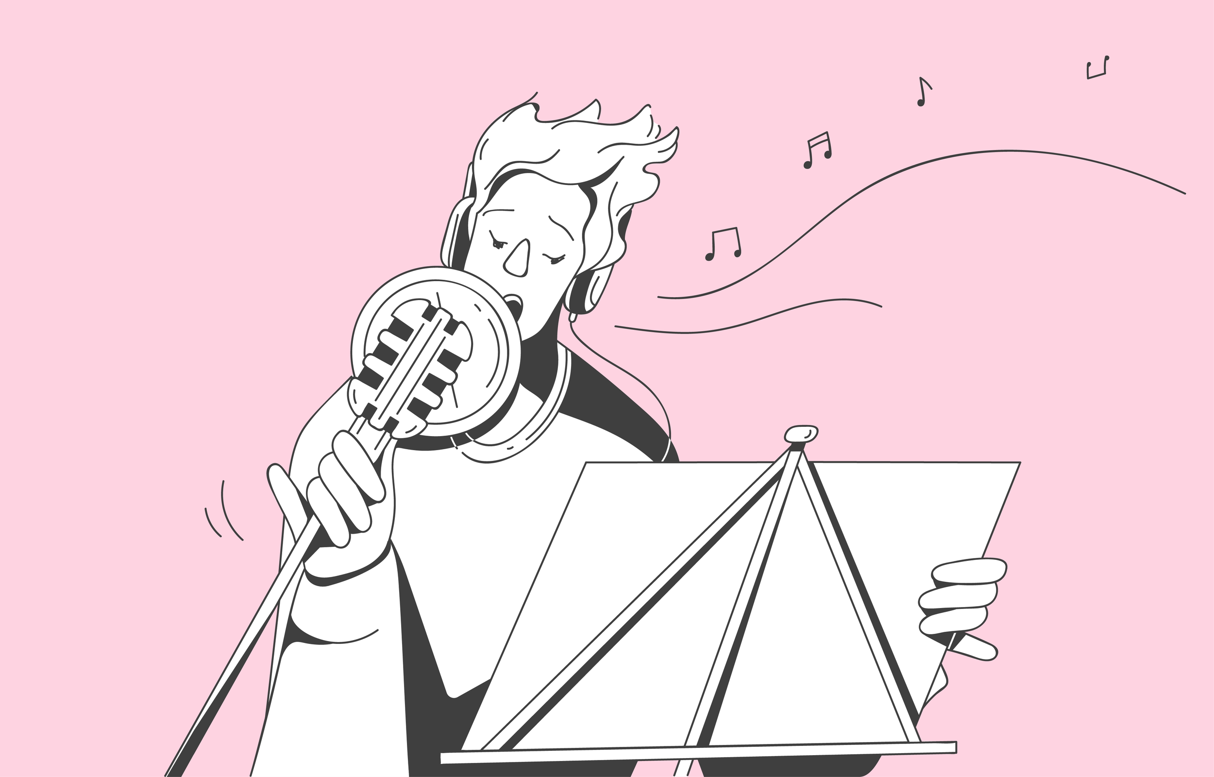 Illustration of a person singing into a microphone with music notes and a music stand, on a pink background.