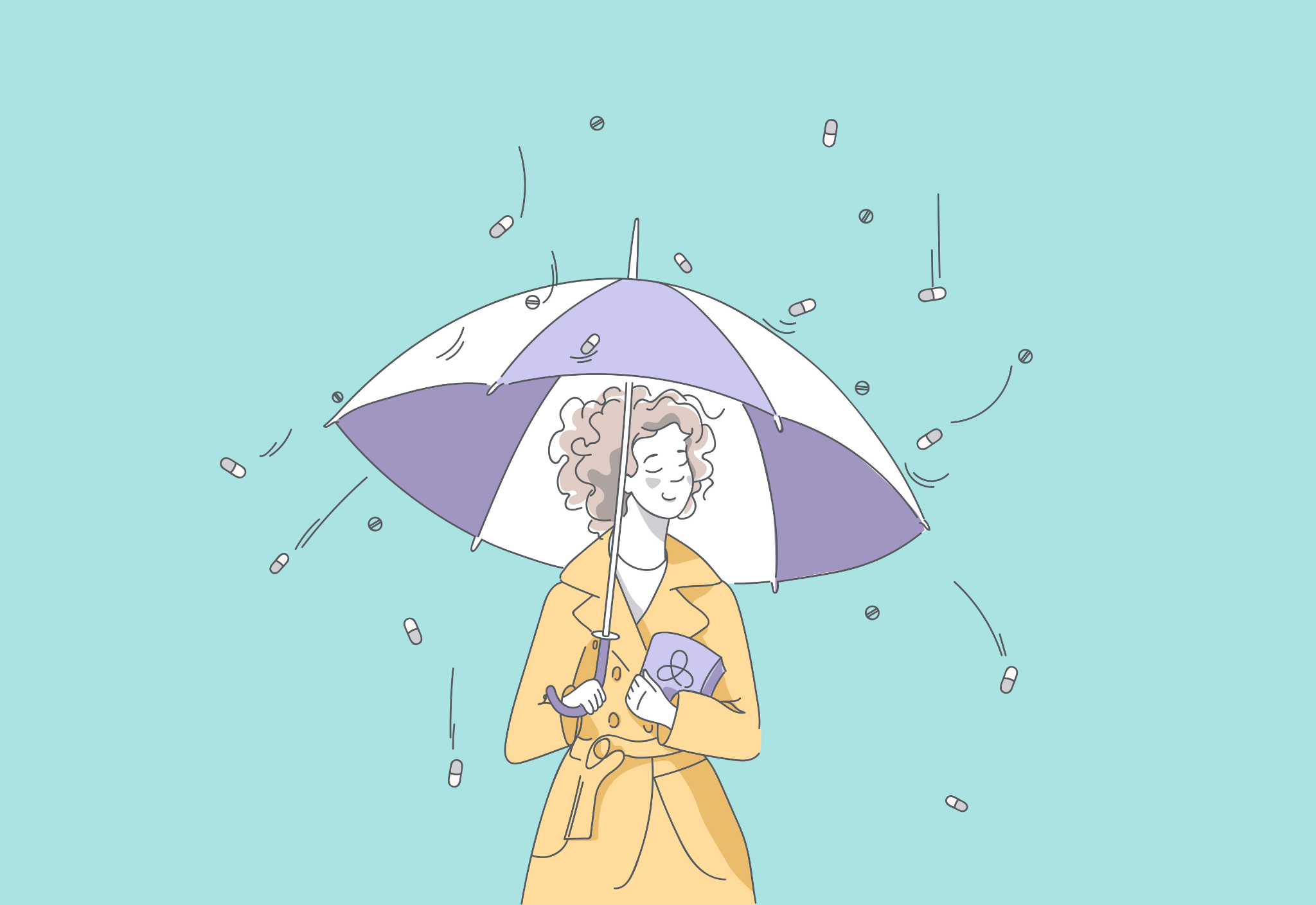 Illustration of a woman holding a purple and white umbrella while pills fall around her, wearing a yellow coat and holding a book.