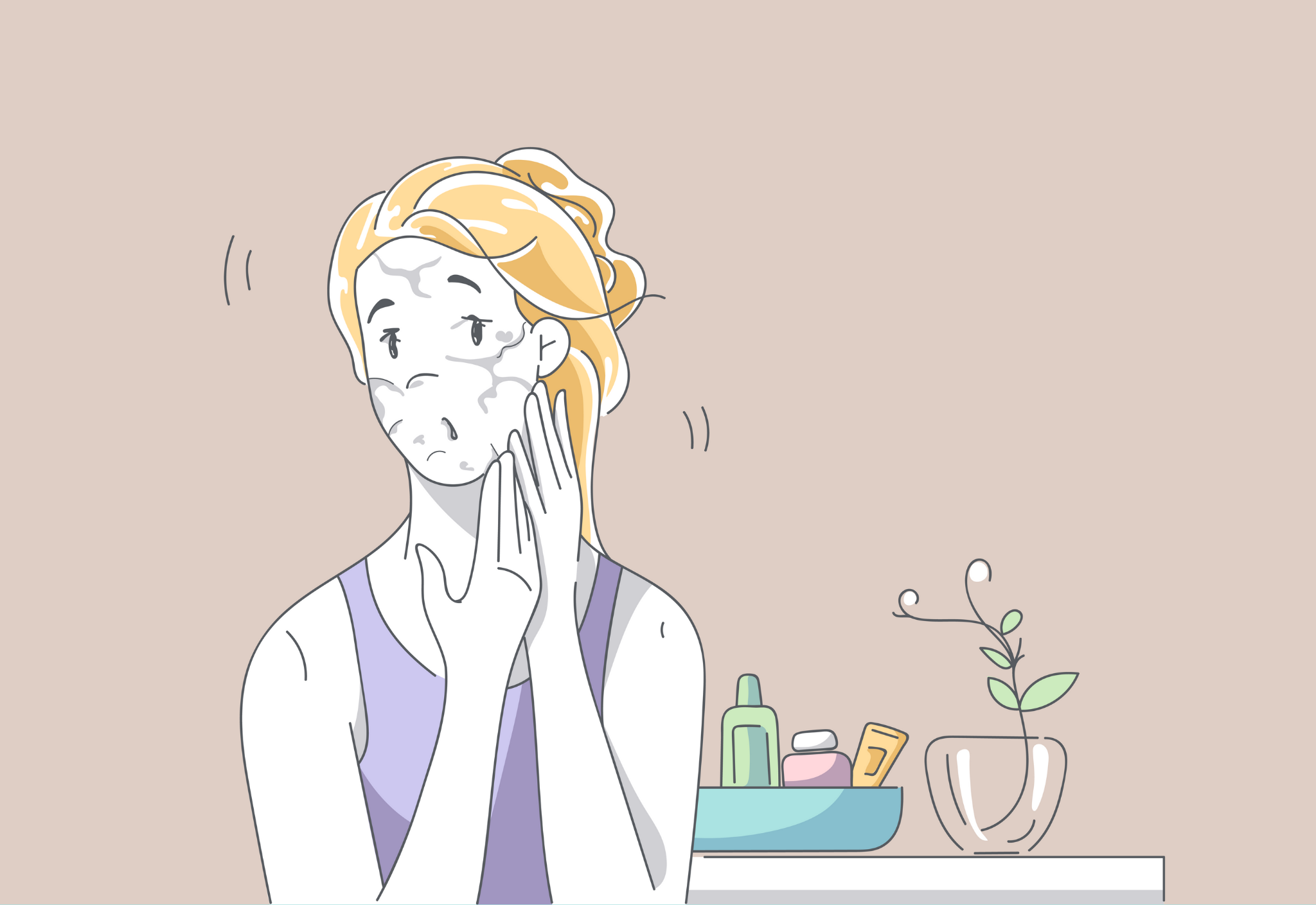Illustration of a woman applying a face mask, with skincare products on a shelf.