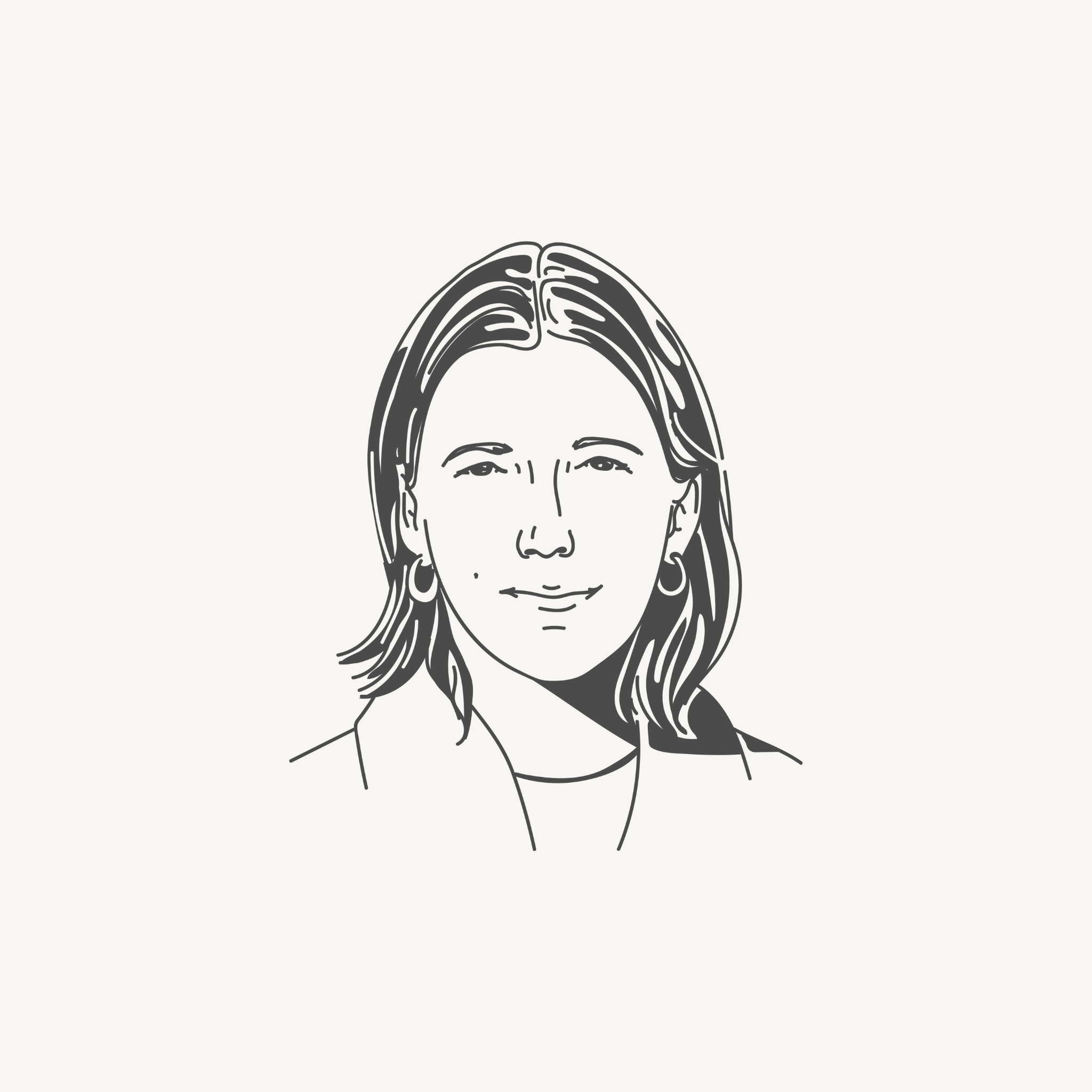 Black and white illustrated portrait of a person with medium-length hair and hoop earrings.