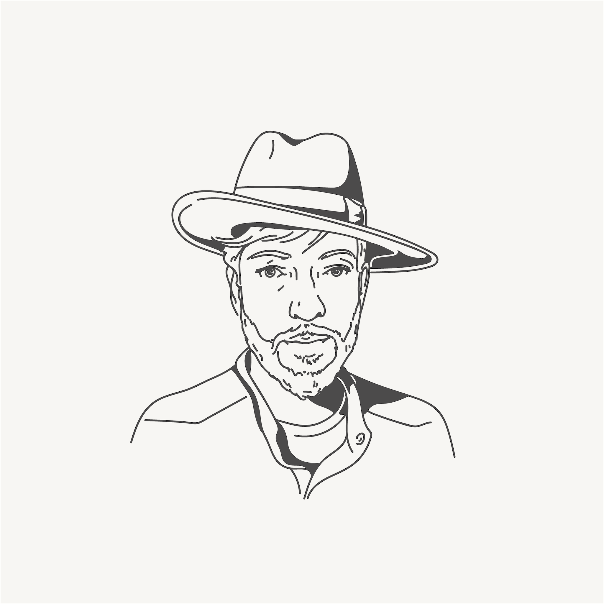 Minimalist line drawing of a person wearing a fedora hat