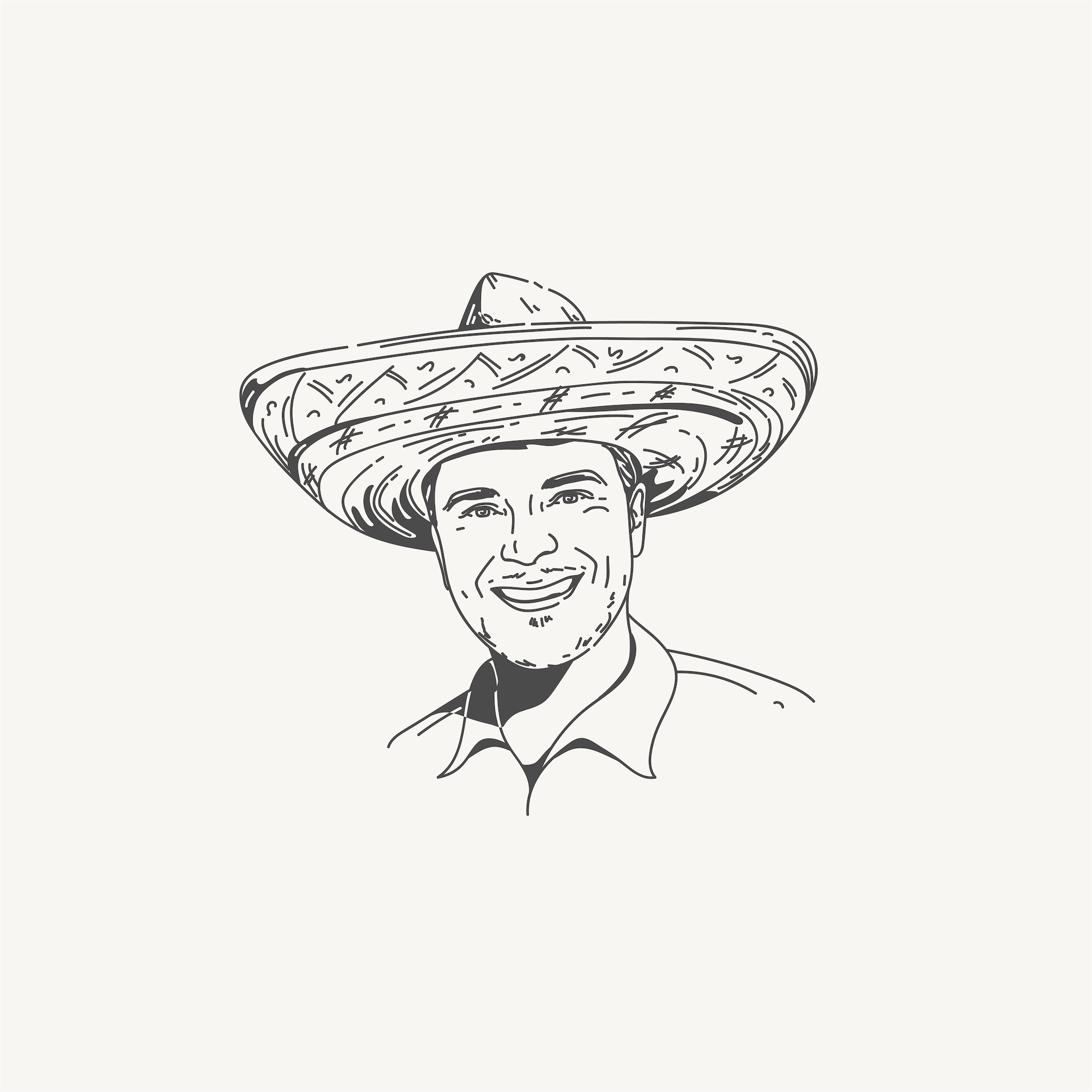Sketch of a smiling man wearing a large, decorated sombrero.