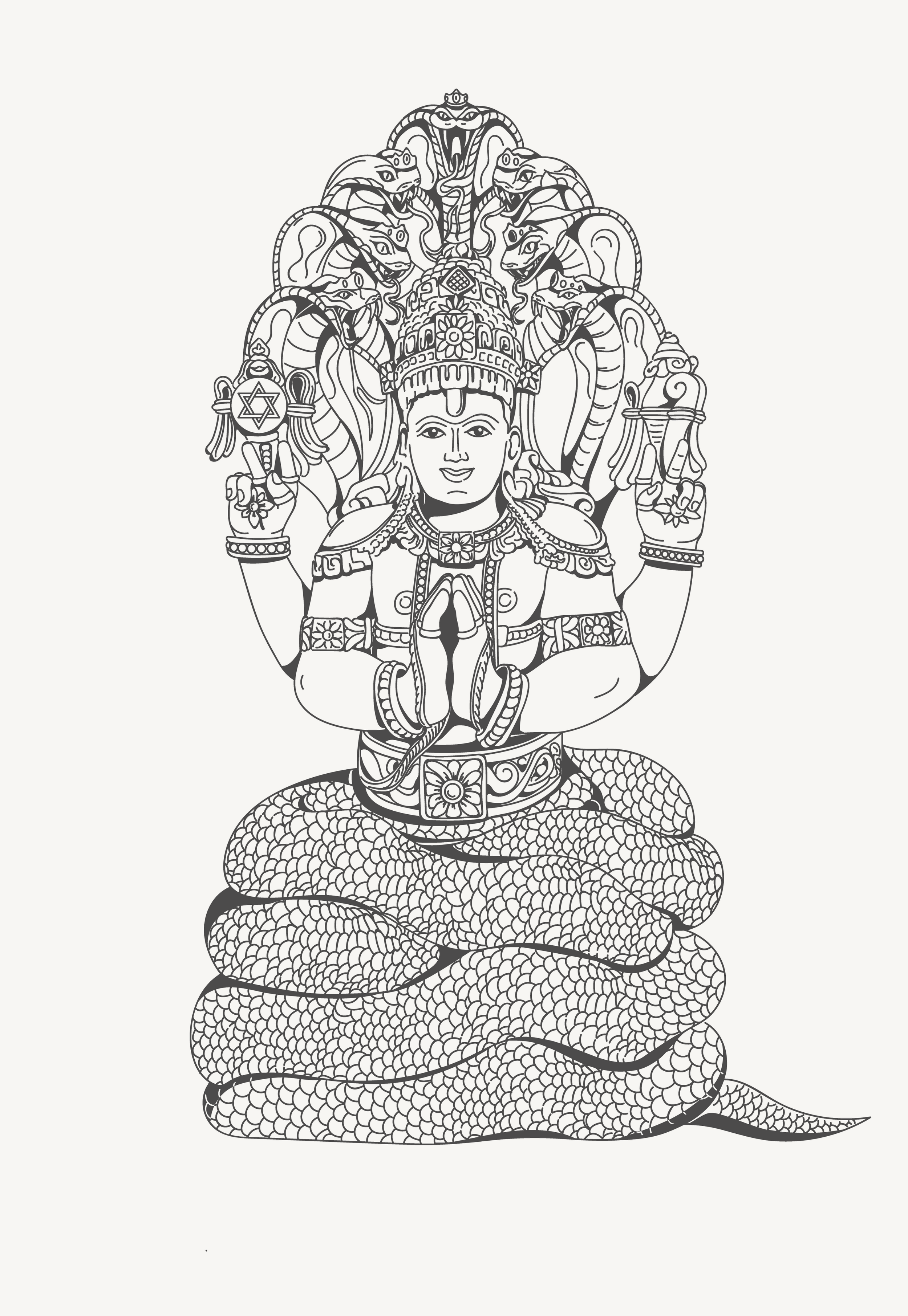 Illustration of a multi-headed serpent deity with multiple arms in a meditative pose, with intricate patterns and traditional attire.