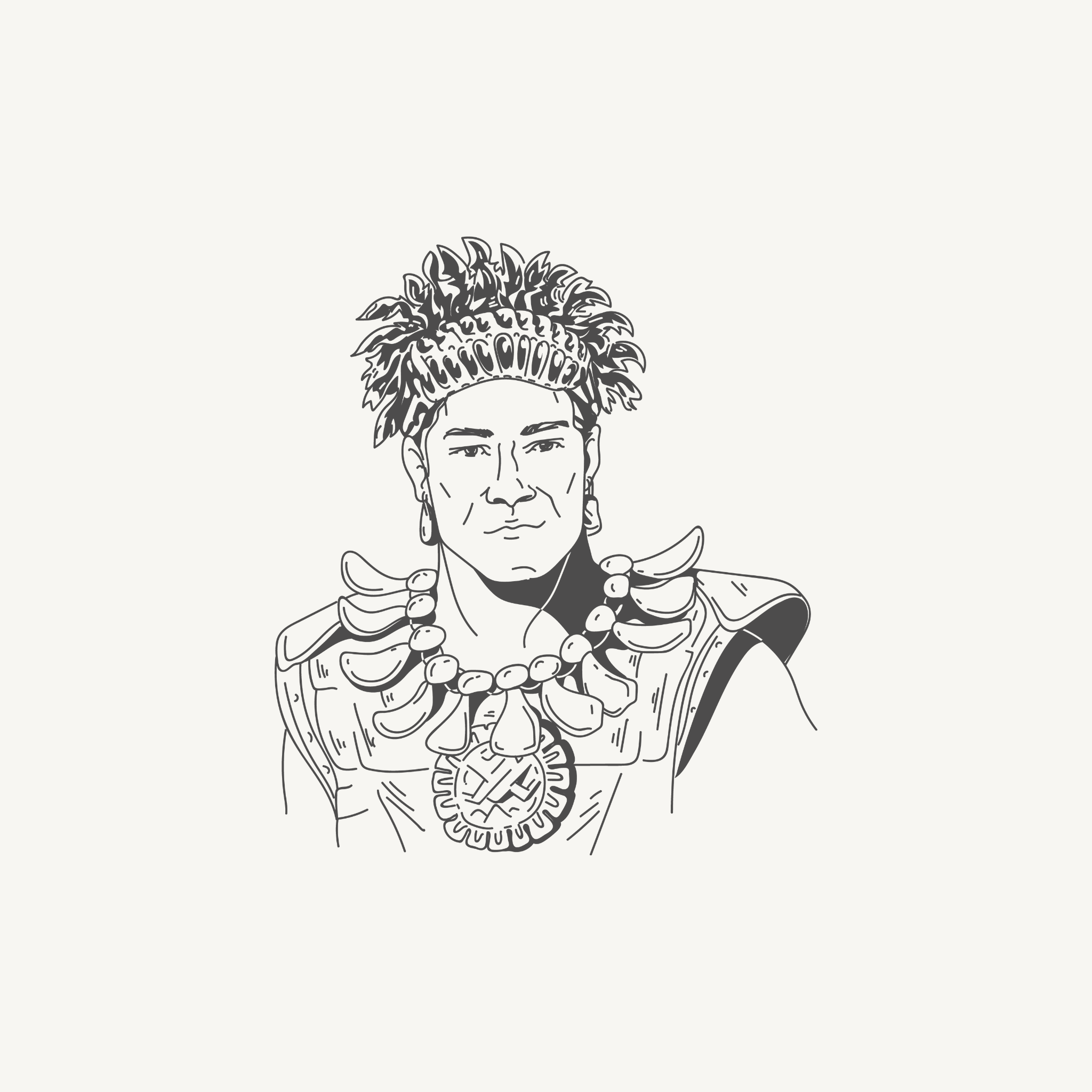 Illustration of an indigenous person wearing traditional attire with a feathered headdress and ornate necklace.