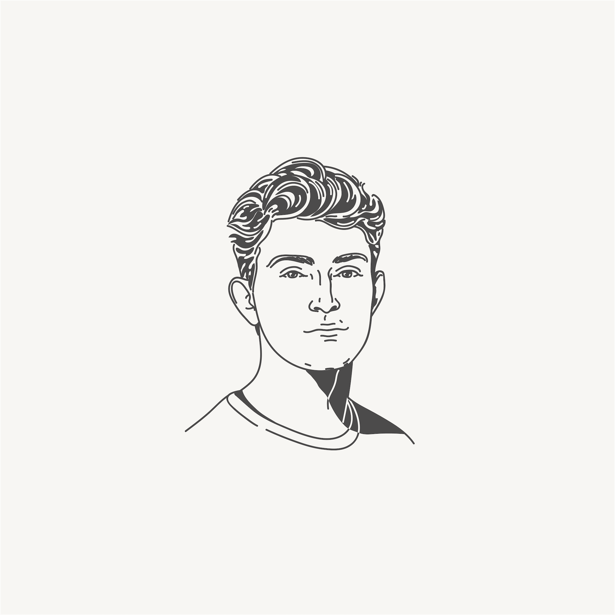 Line drawing of a young man with wavy hair and a casual shirt.