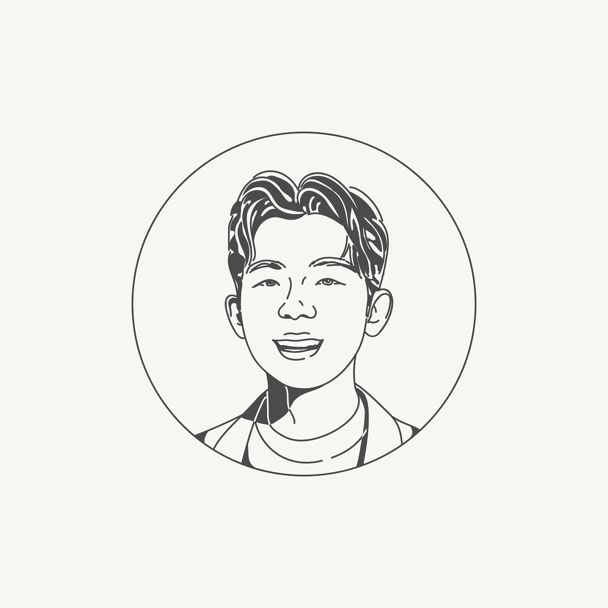 Line drawing of a smiling young person with wavy hair, inside a circle.