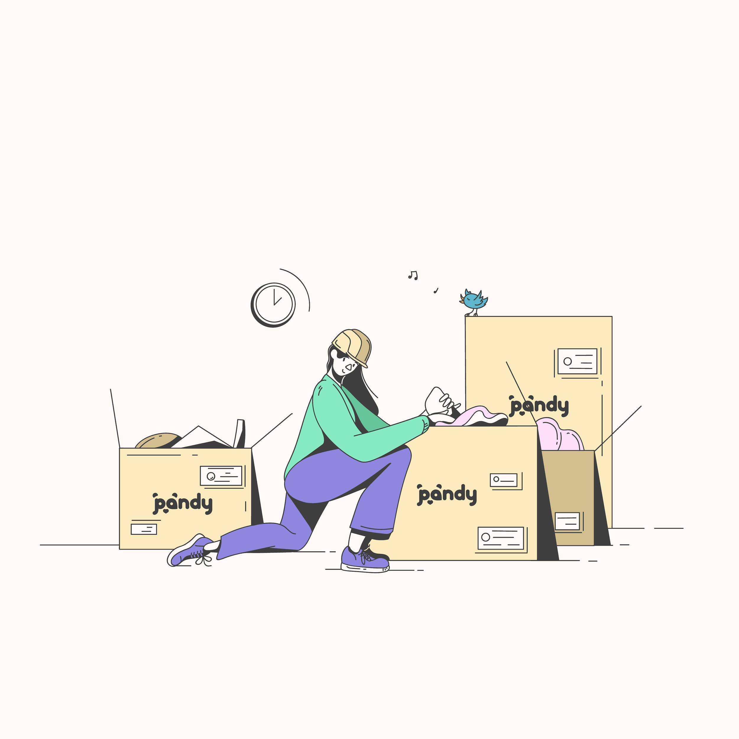 Illustration of a person organizing boxes labeled 'Pandy,' with clothes and a small bird.