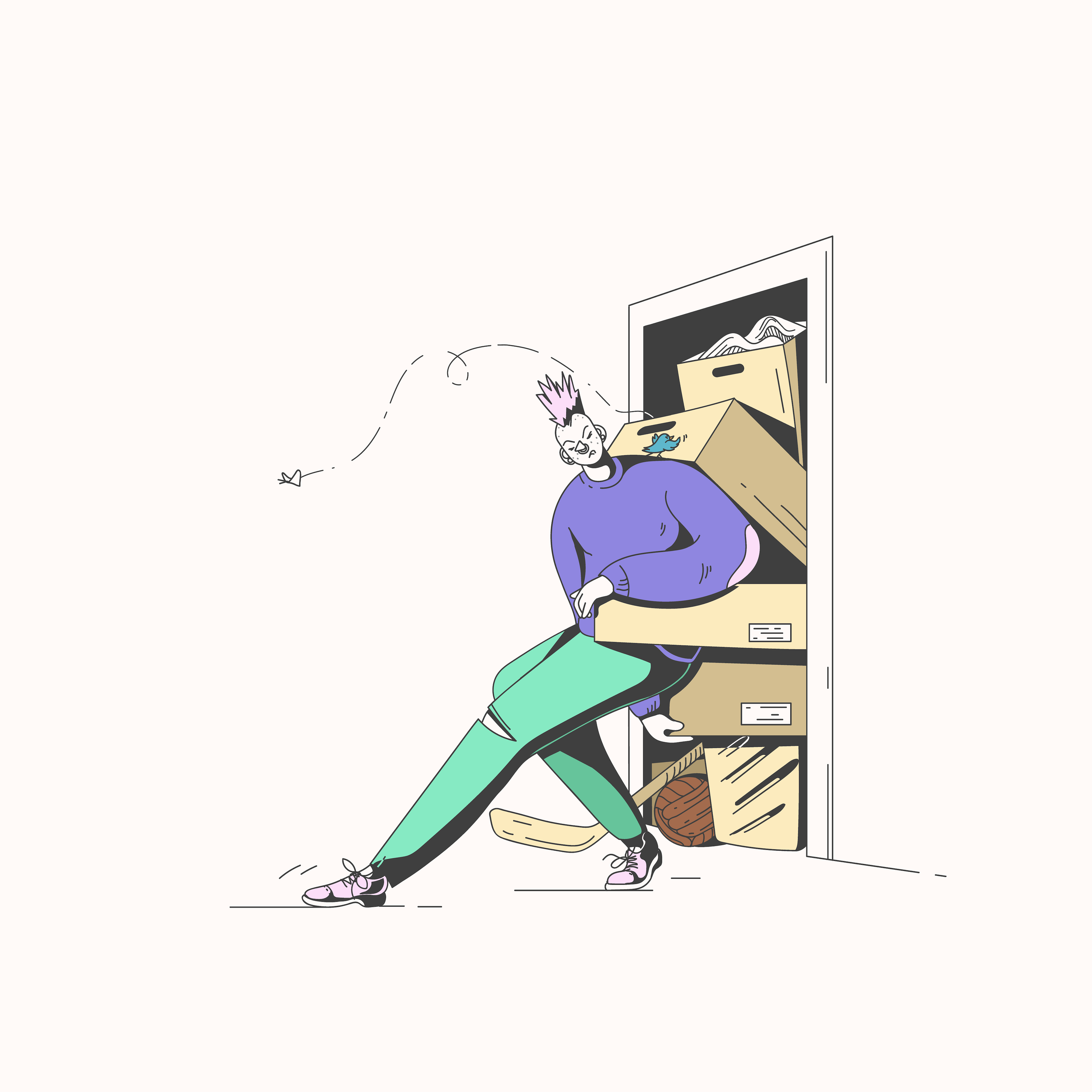 Illustration of a person being overwhelmed by cluttered files, papers, and items coming out of a cabinet.
