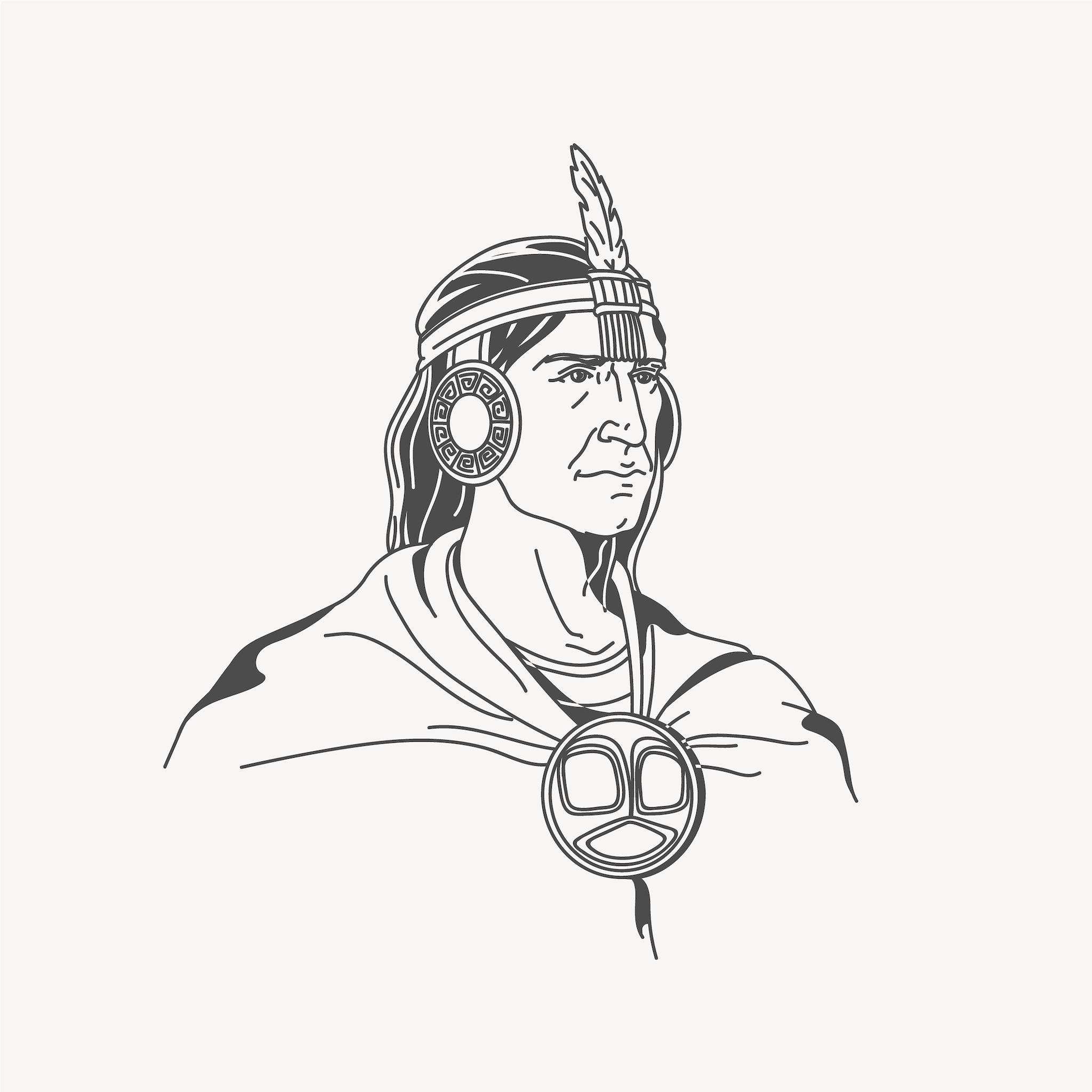 Illustration of a Native American figure wearing traditional attire with a feathered headdress and decorative medallion.