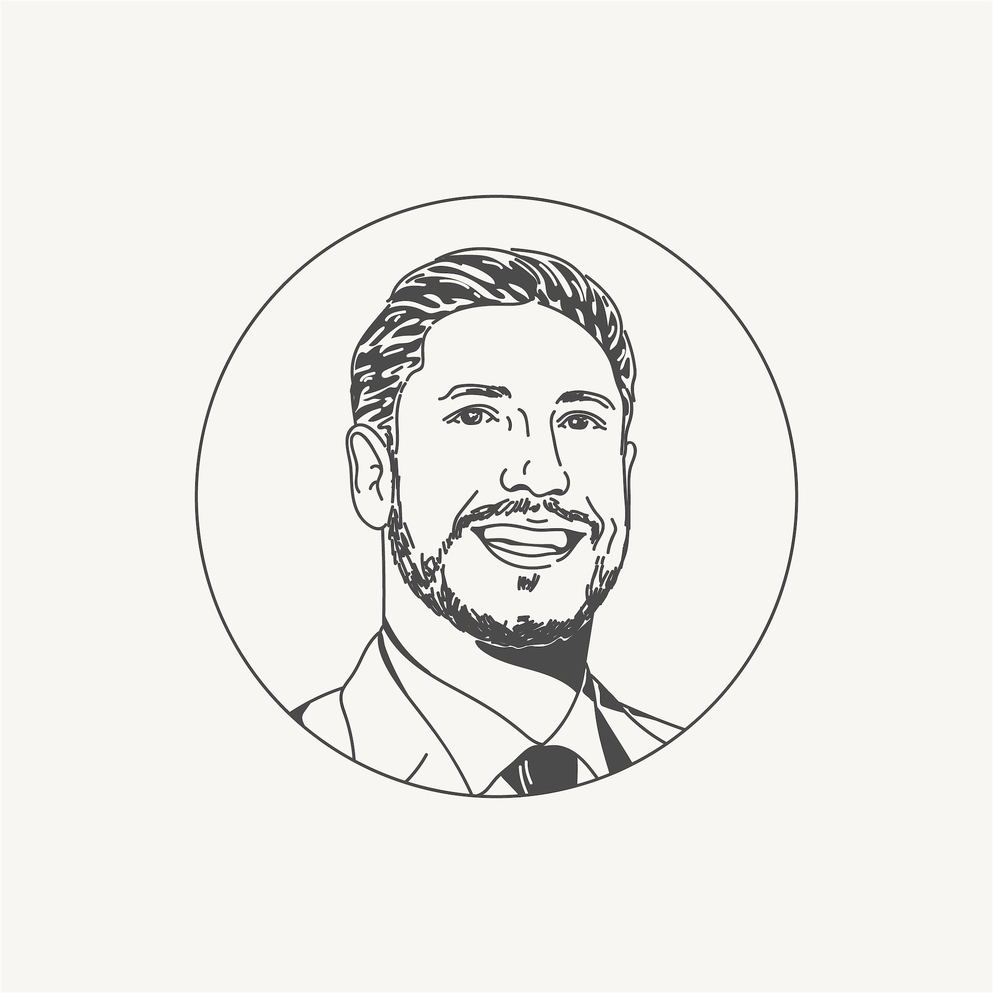 Illustration of a smiling man with a beard, wearing a suit and tie, inside a circular frame.