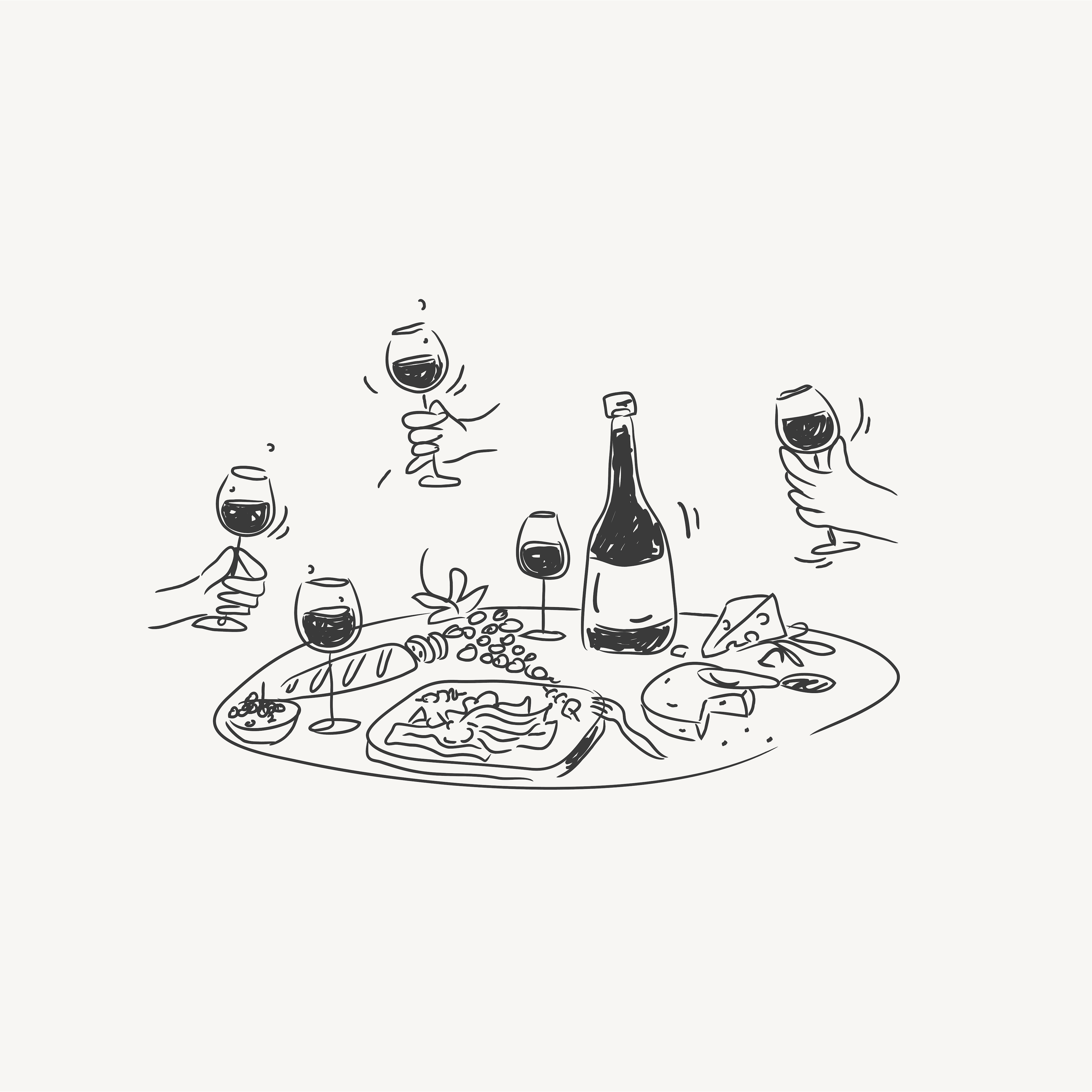 Illustration of a food and wine setting with hands holding wine glasses, a wine bottle, bread, cheese, grapes, and a pasta dish on a table.
