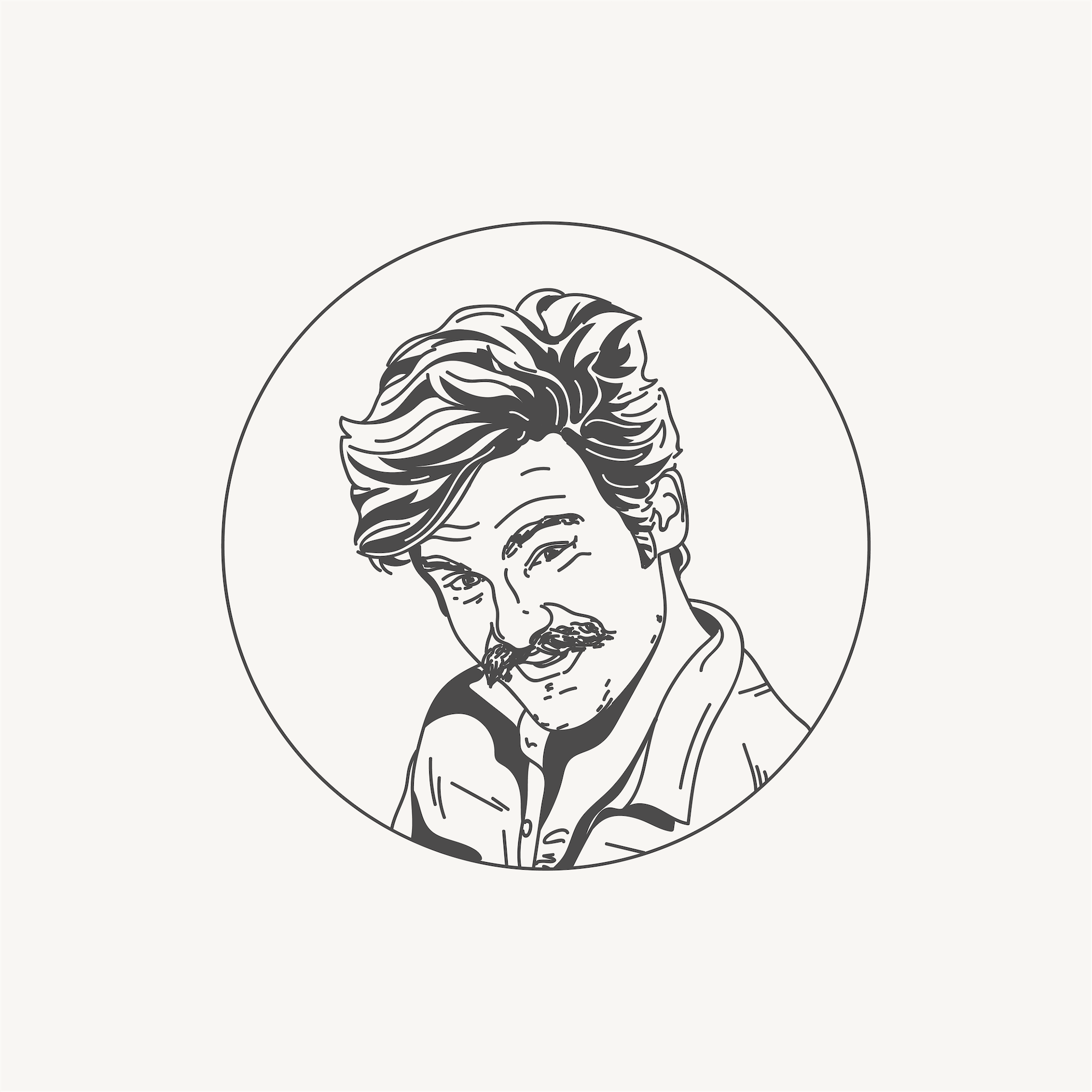Black and white illustration of a man with a mustache and wavy hair, winking, inside a circular frame.