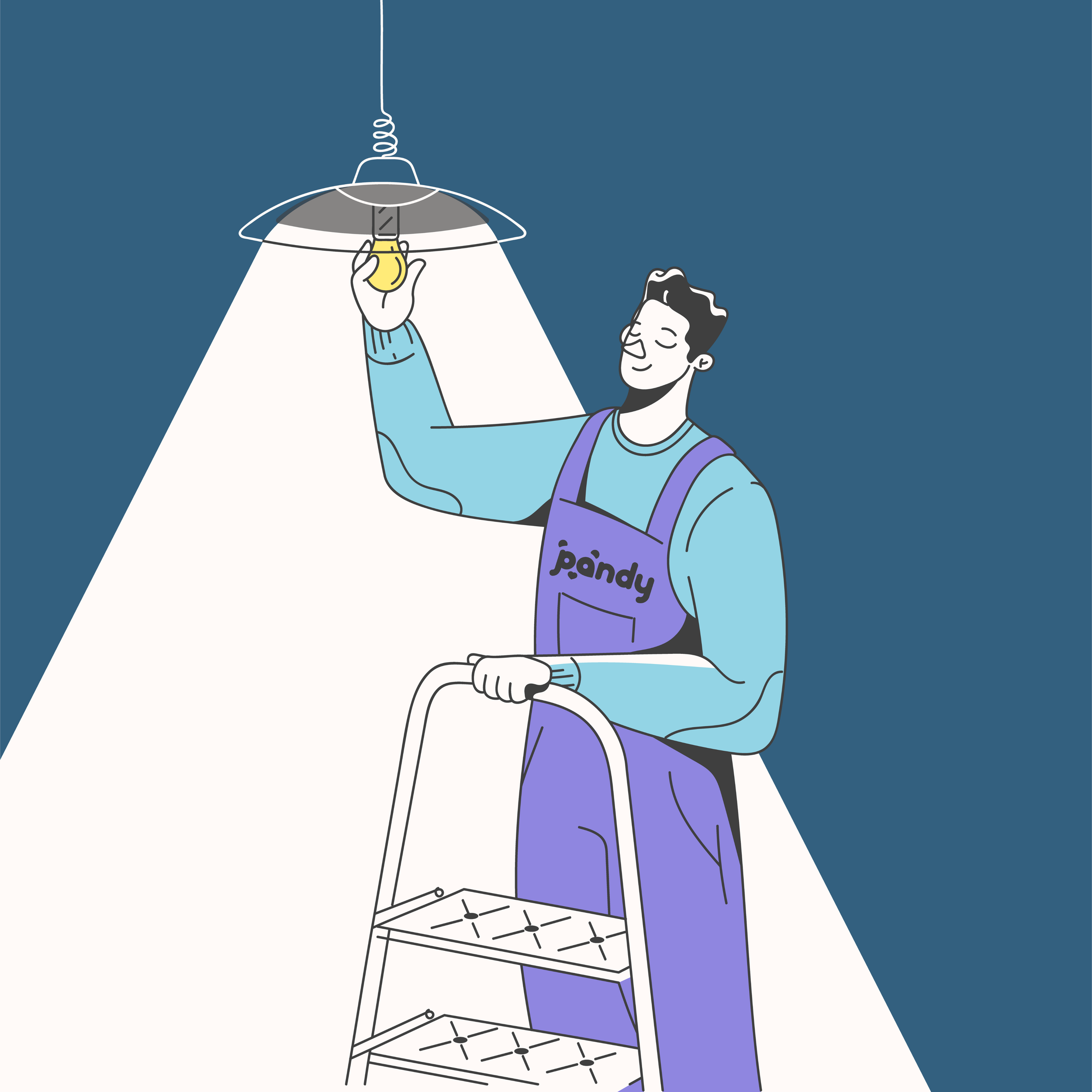 Illustration of a person standing on a ladder changing a light bulb.